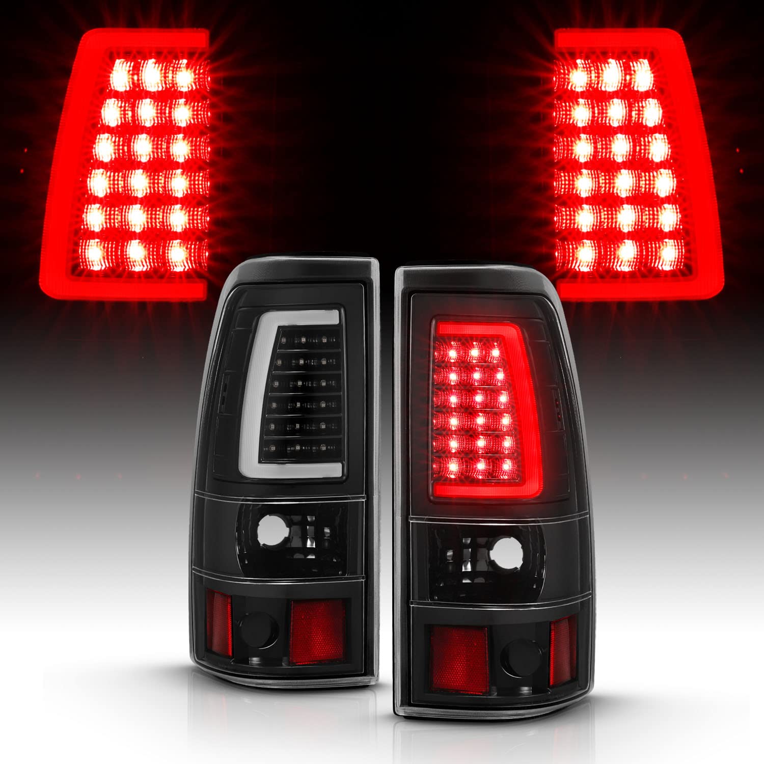 AmeriLite LED Tail Lights for 2003-2006 Chevy Silverado 1500/2500/3500 - Clear Black C-Type Replacement Brake Lamps (Pair) - Left & Right Side - Upgrade Your Truck's Style & Safety for Night Driving