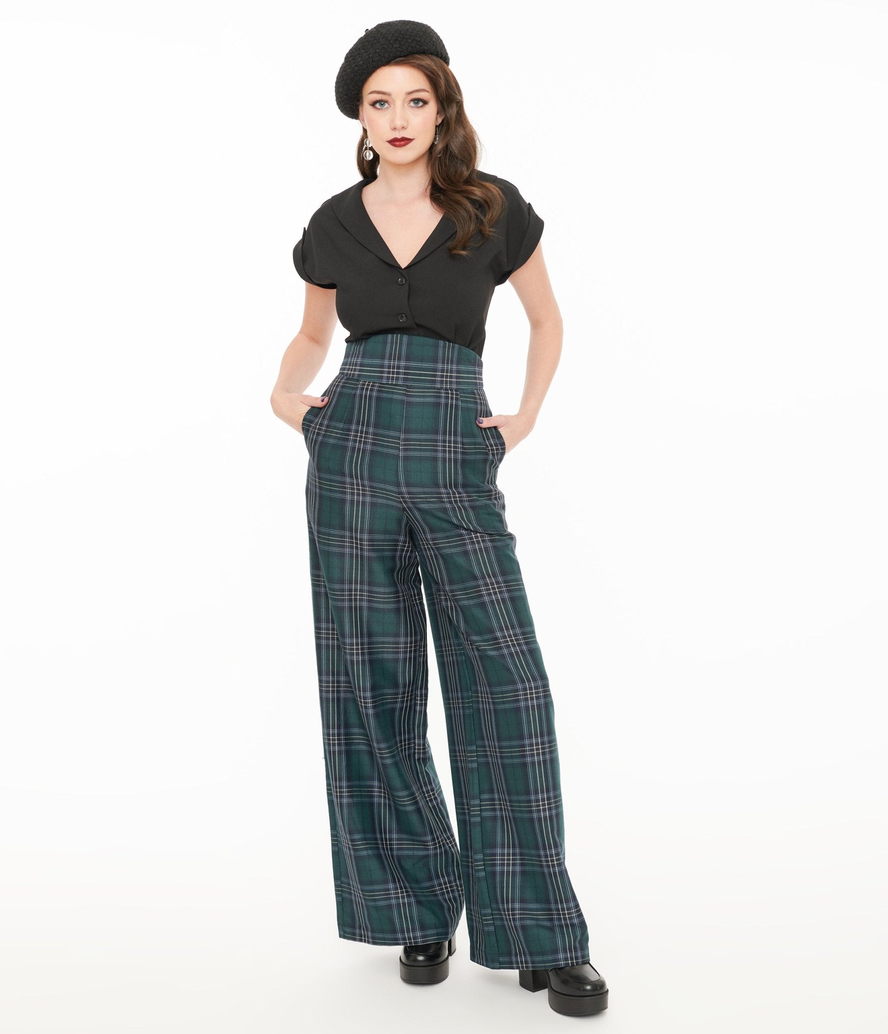 Vintage 1940s Green & Black Plaid High Waist Pants - Retro Women's Trousers for Casual Outfits & Themed Parties | Perfect for Cosplay, Historical Reenactments & Vintage Fashion Lovers
