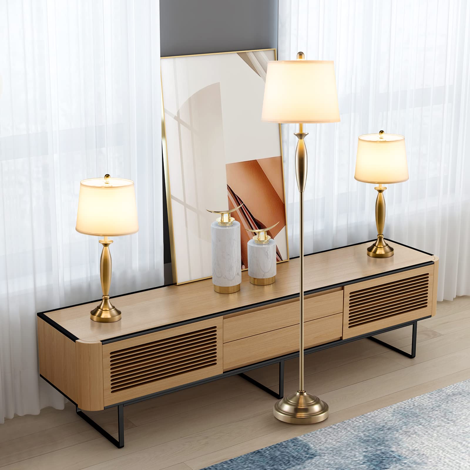 Tangkula 3-Piece Modern Lighting Set - 2 Table Lamps & 1 Floor Lamp with Weighted Base & Eye-Protecting Shade | E26 Bulb Compatible (Nickel Finish) | Perfect for Bedroom, Living Room, Study & Home Office Decor