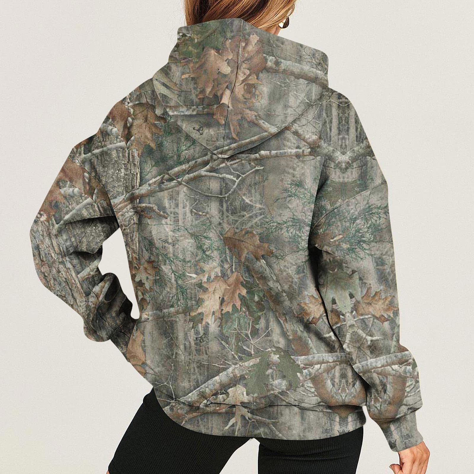 Women's Camo Hoodie with Maple Leaf Print - Long Sleeve Fleece Pullover with Drawstring for Fall & Winter | Cozy Outdoor Wear, Casual Street Style, Camping & Hiking Apparel