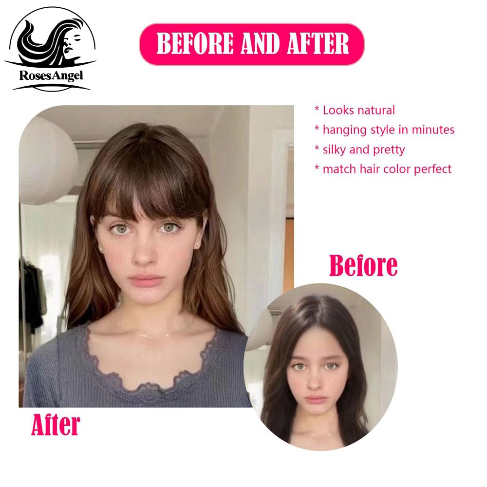 Clip-In Human Hair Bangs for Women - Natural Brown Fake Bangs Hairpiece with Temples | Perfect for Cosplay, Daily Wear & Hairstyle Transformations