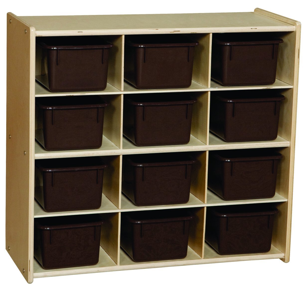 Contender 12-Section Kids Storage Unit with Brown Bins | Montessori Hardwood Toy Organizer for Toys, Art & Craft Supplies | Fully Assembled Cubby Shelf | Perfect for Playrooms, Classrooms & Daycare Centers
