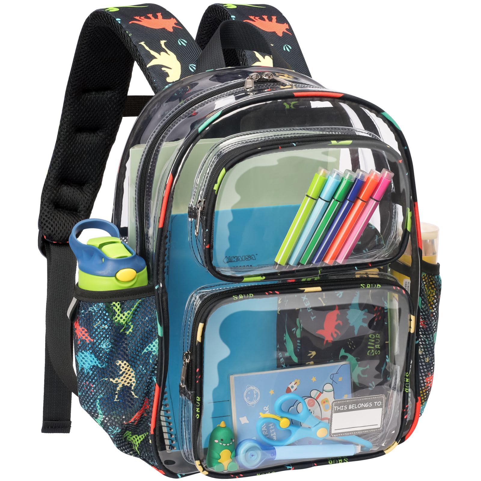 **Bagseri 15 Inch Clear Backpack for Boys & Girls - Heavy Duty Transparent School Bookbag for Kids Ages 3-7 | Black Dinosaur Design | Perfect for School, Travel & Theme Parks**