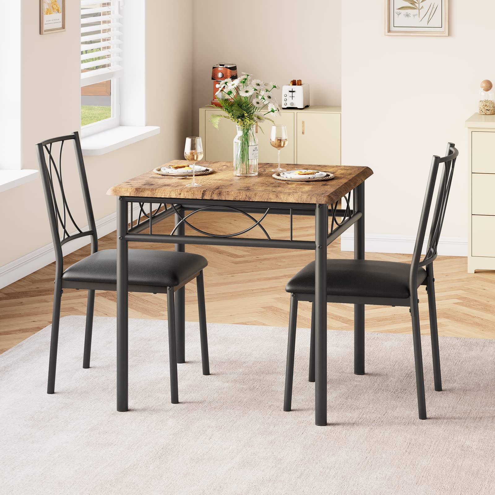 IDEALHOUSE 2-Person Square Dining Table Set with Upholstered Chairs - Compact Kitchen Table & Chairs for Small Spaces, Apartments - Retro Brown Finish for Cozy Dinners & Breakfast Nook