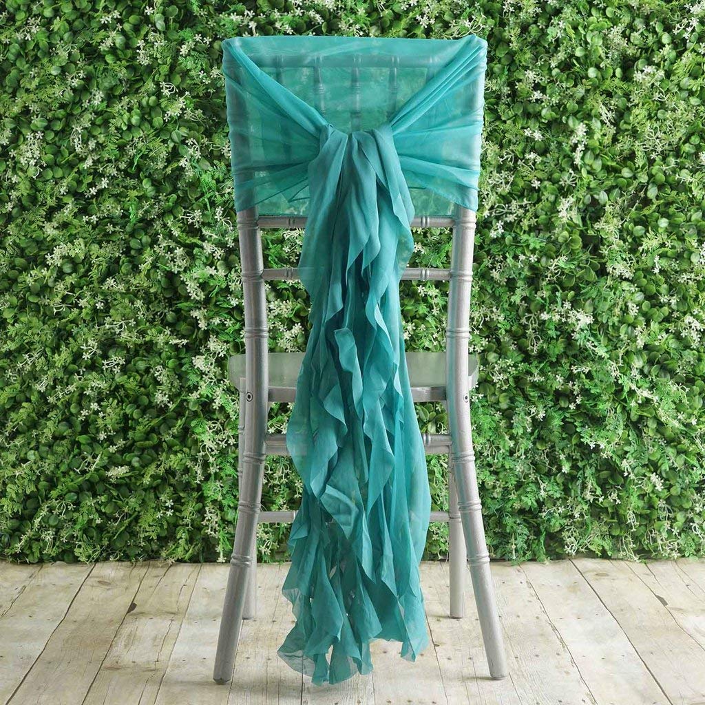 Premium Turquoise Curly Chiffon Chair Cover with Sashes - 50 Pack Balsa Circle Wedding Chair Covers for Ceremony, Reception & Party Decorations - Elegant Table Setting & Event Decoration Supplies