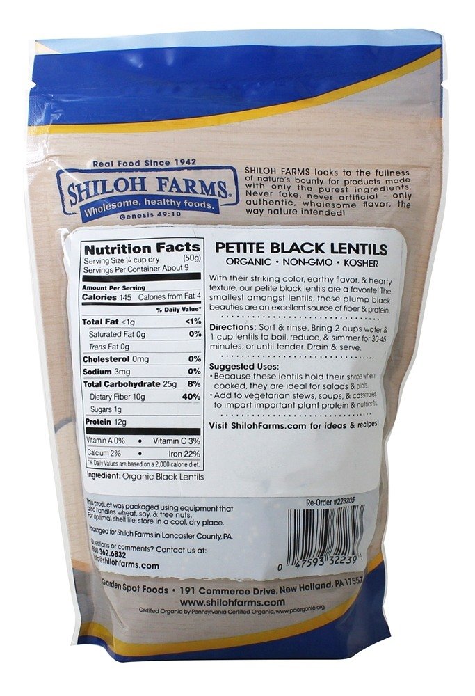 Organic Petite Black Lentils by Shiloh Farms - 16oz | Non-GMO, Gluten-Free, High Protein Lentils for Soups, Salads & Healthy Meals