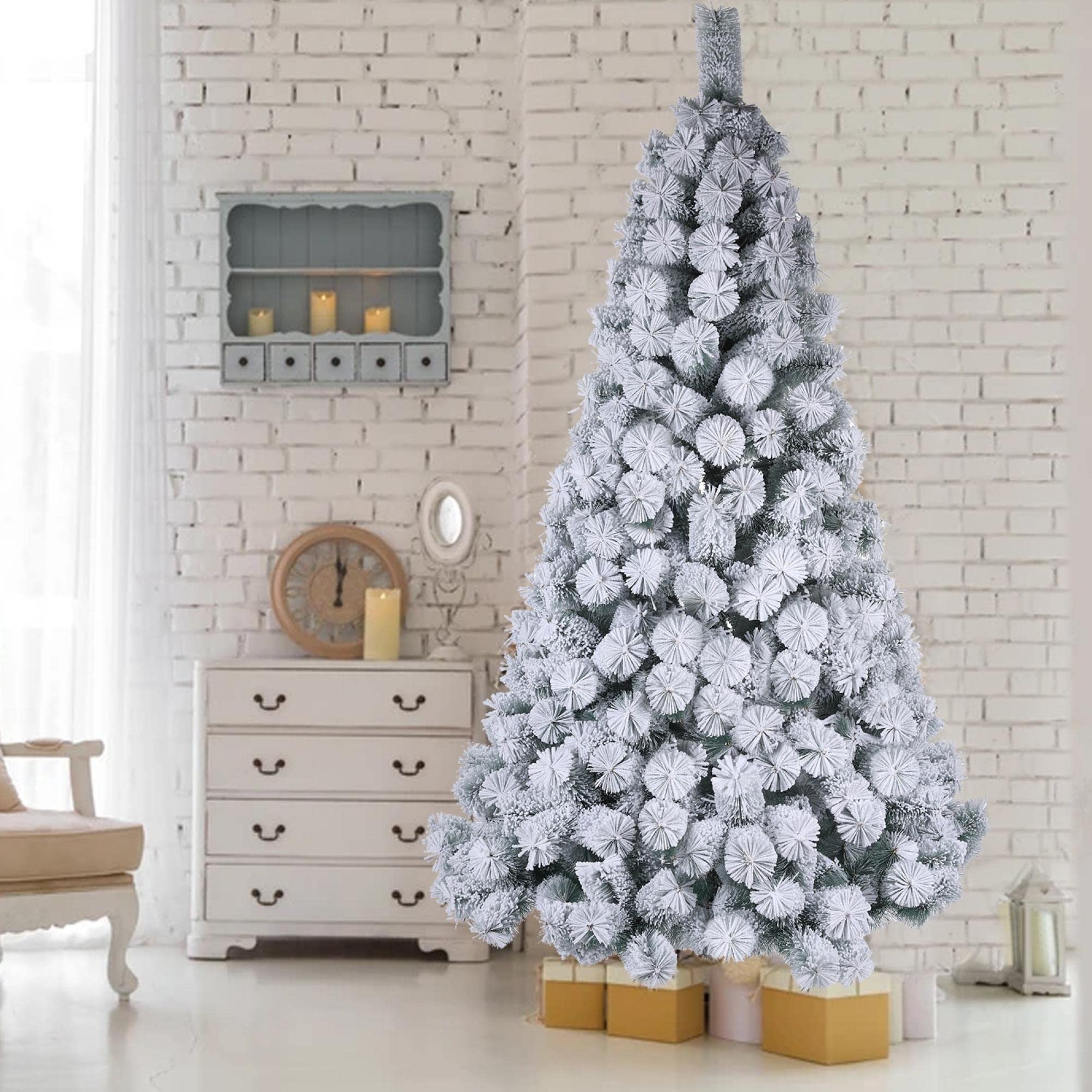 Premium 7ft Snow Flocked Artificial Christmas Tree - Realistic Pine with Metal Hinges & Sturdy Base | Perfect for Home, Office & Holiday Party Decorations | White Winter Wonderland Xmas Decor (EHA-2310)