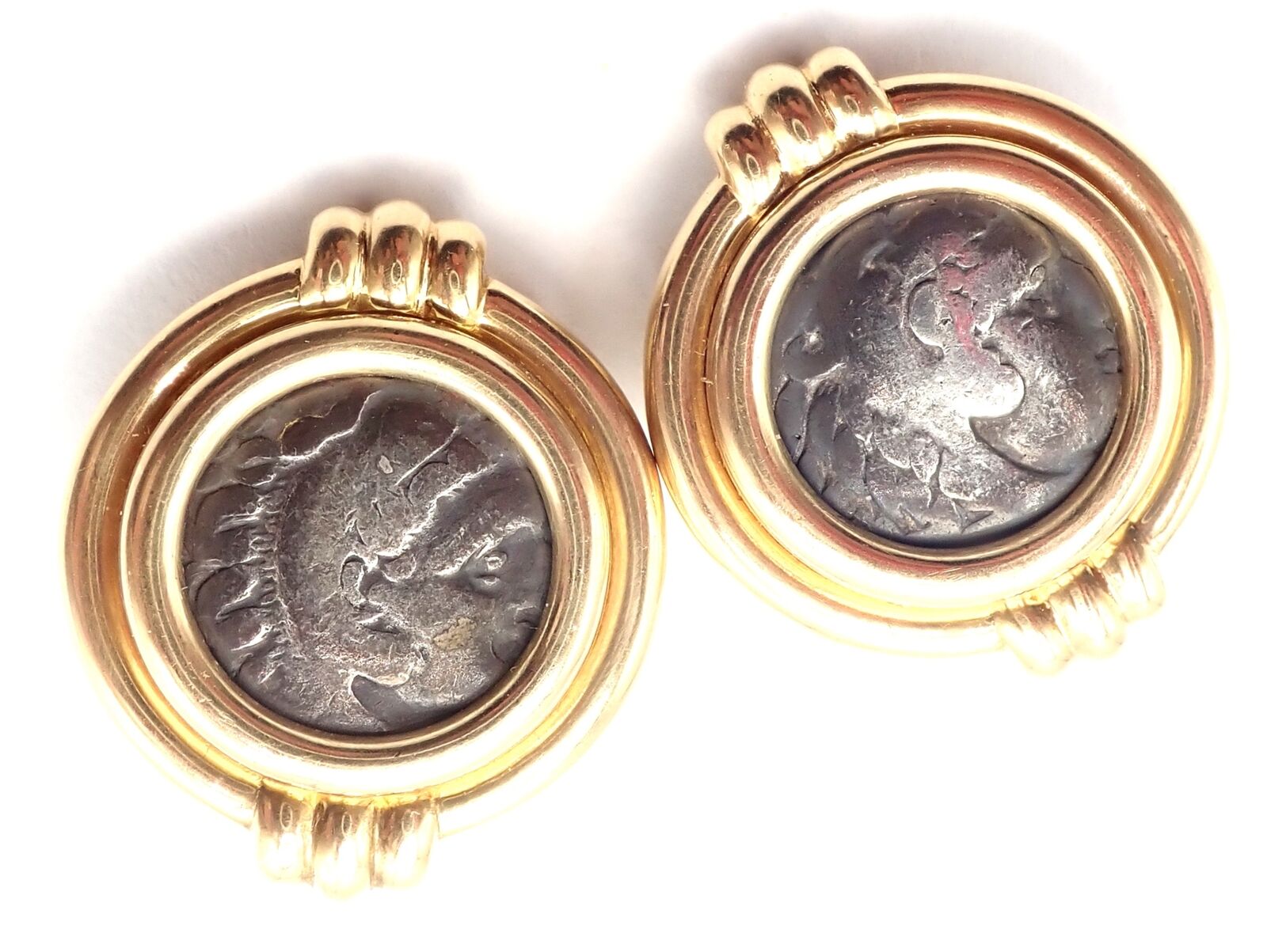 Vintage Bulgari Bvlgari 18k Yellow Gold Alexander The Great Coin Moneta Earrings - Luxury Collectible Jewelry for Special Occasions & Gifts