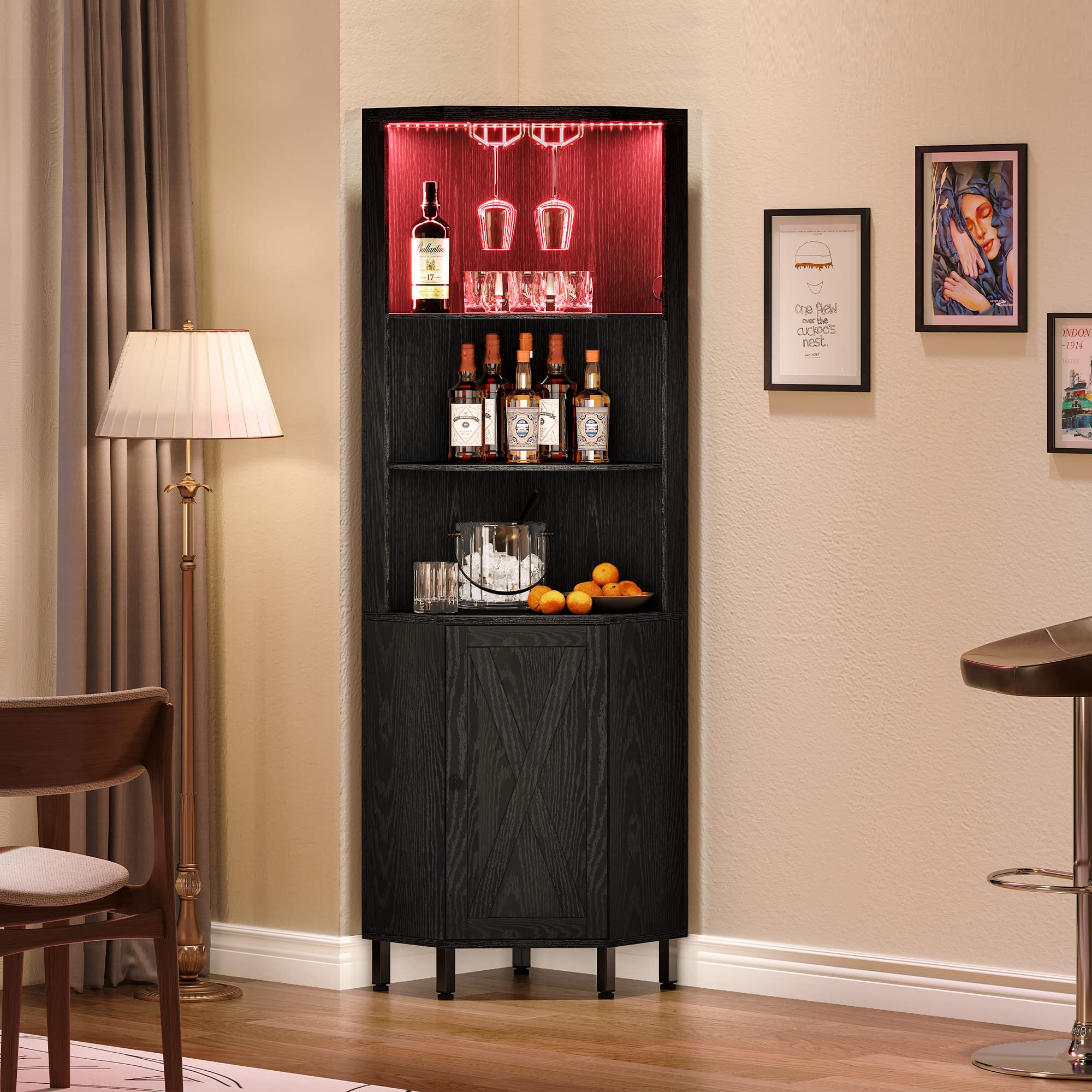 YITAHOME 5-Tier Corner Bar Cabinet with LED Lights & Glass Holder - Wine Rack Storage Shelf for Living Room, Dining Room, Kitchen - Black - Perfect for Home Bars, Entertaining Guests & Displaying Liquor Collections