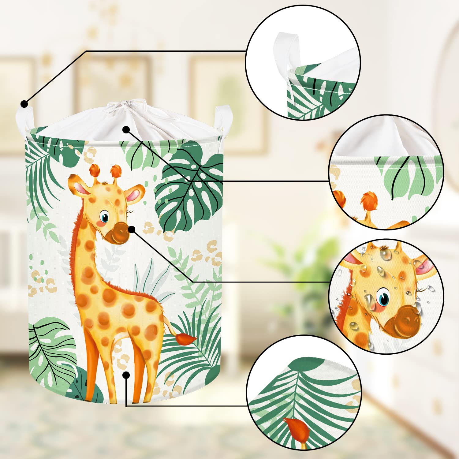 Clastyle Tropical Leaves & Woodland Animal Laundry Basket - Cute Giraffe & Bird Decor, Baby Clothes Hamper, Round Toy Storage Basket for Nursery, Kids Room - Perfect for Baby Shower Gifts & Toddler Organization