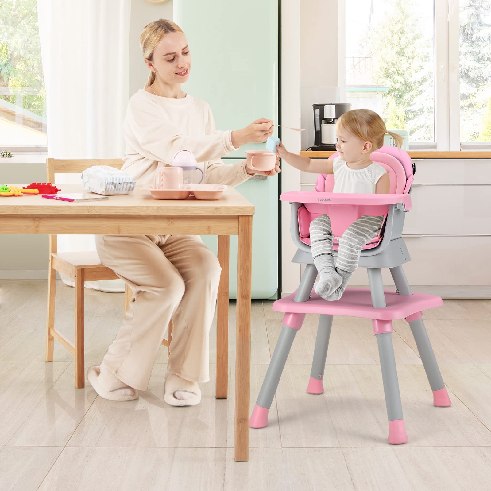 BABY JOY 8-in-1 Convertible Baby High Chair with Safety Harness - Toddler Booster Seat, Table & Chair Set, Building Block Table - Removable Tray (Pink) | Perfect for Dining, Playtime & Learning Activities
