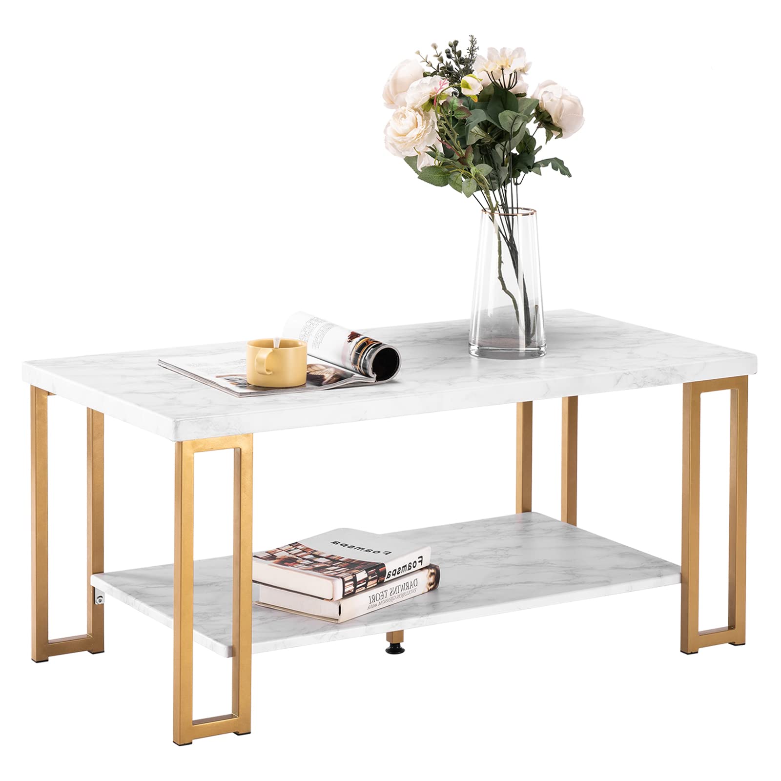 White Marble Print Coffee Table with Gold Metal Legs - 2-Tier Modern Living Room Table with Storage Shelf, Rectangular Water-Resistant Cocktail Table for Living Room, Office, Balcony - Perfect for Small Spaces, Home Decor & Entertaining Guests