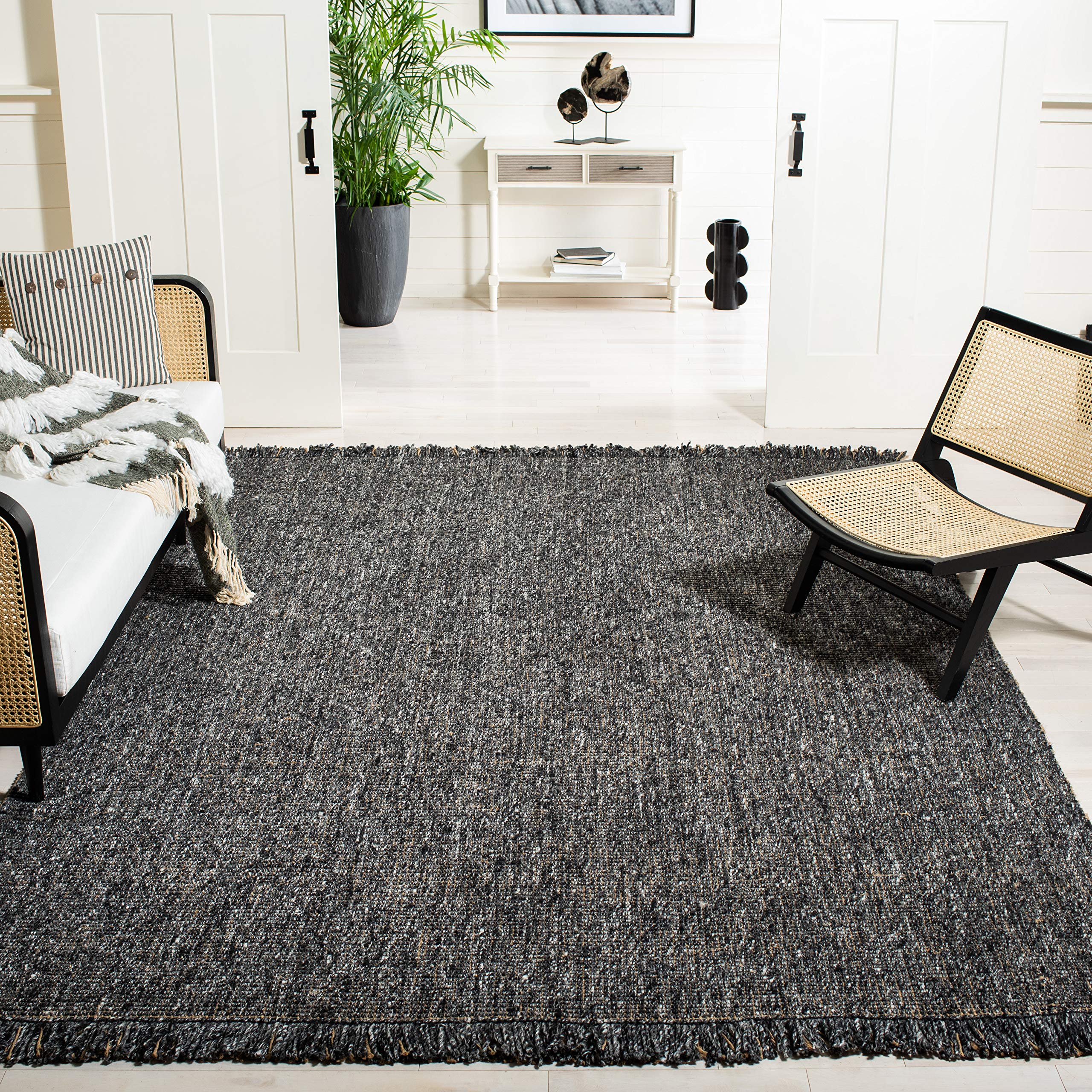 SAFAVIEH Handmade Woven Jute Area Rug 8' x 10' - Natural Fiber Collection, Charcoal & Natural Colors, Fringe Detail | Durable for High Traffic Areas | Perfect for Living Room, Bedroom, Office & Entryway Decor (NF826H)
