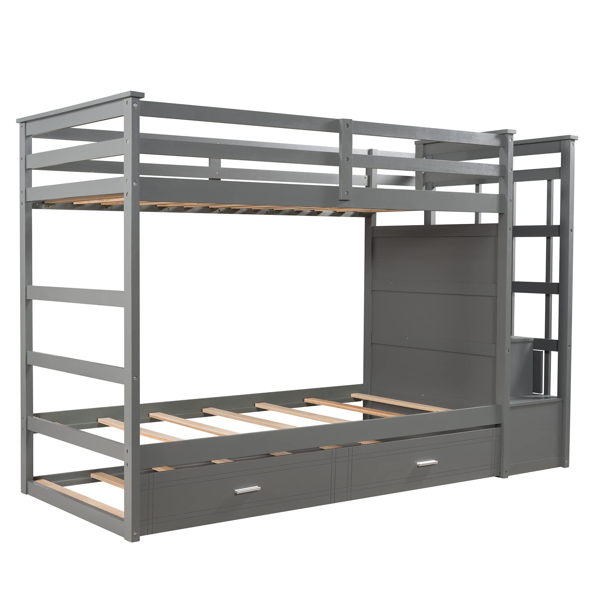 Twin Over Twin Trundle Bunk Bed with Staircase & Storage Drawers - Space-Saving Kids Bedroom Furniture for Small Rooms, Sleepovers & Guest Rooms (Gray)