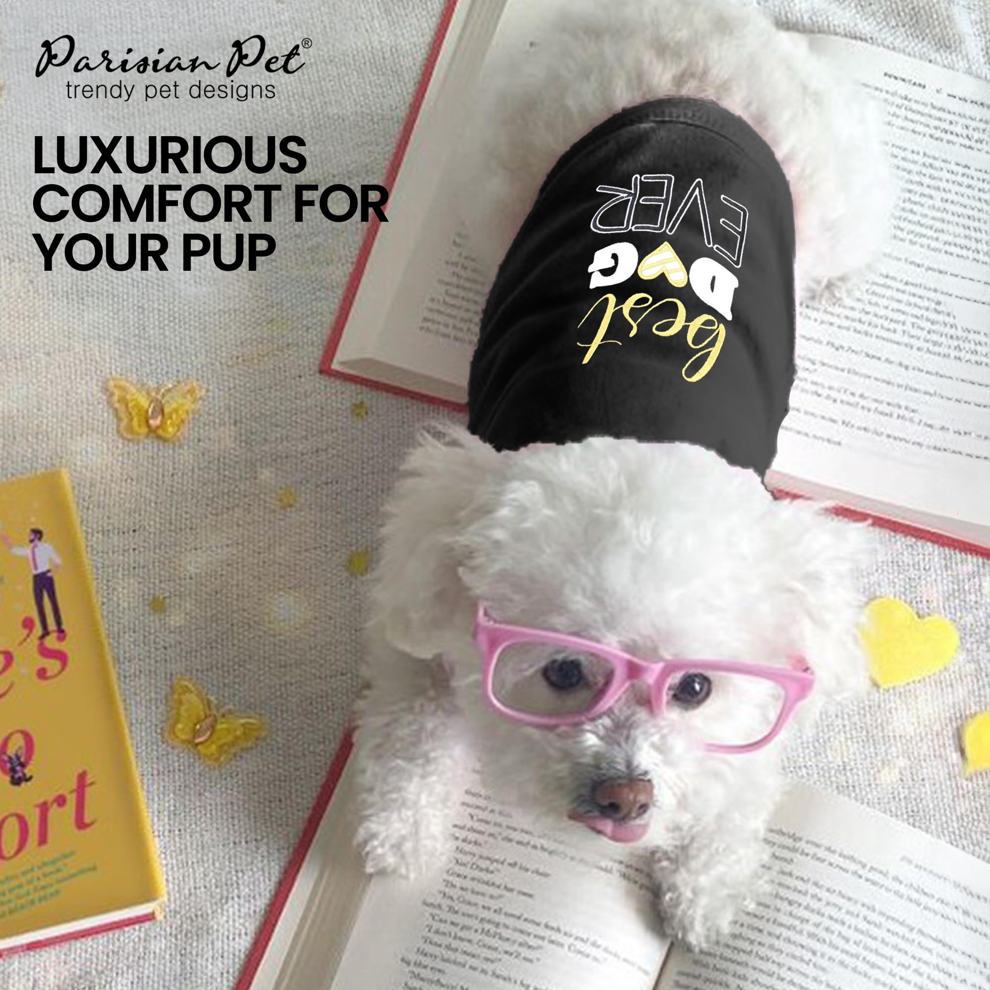Best Dog Ever Embroidered Parisian Pet Dog T-Shirt | Pure Cotton Sleeveless Black Tee for Small Dogs | Lightweight & Machine Washable Dog Clothes | Perfect for Daily Walks, Pet Parties & Photo Shoots - XS Size