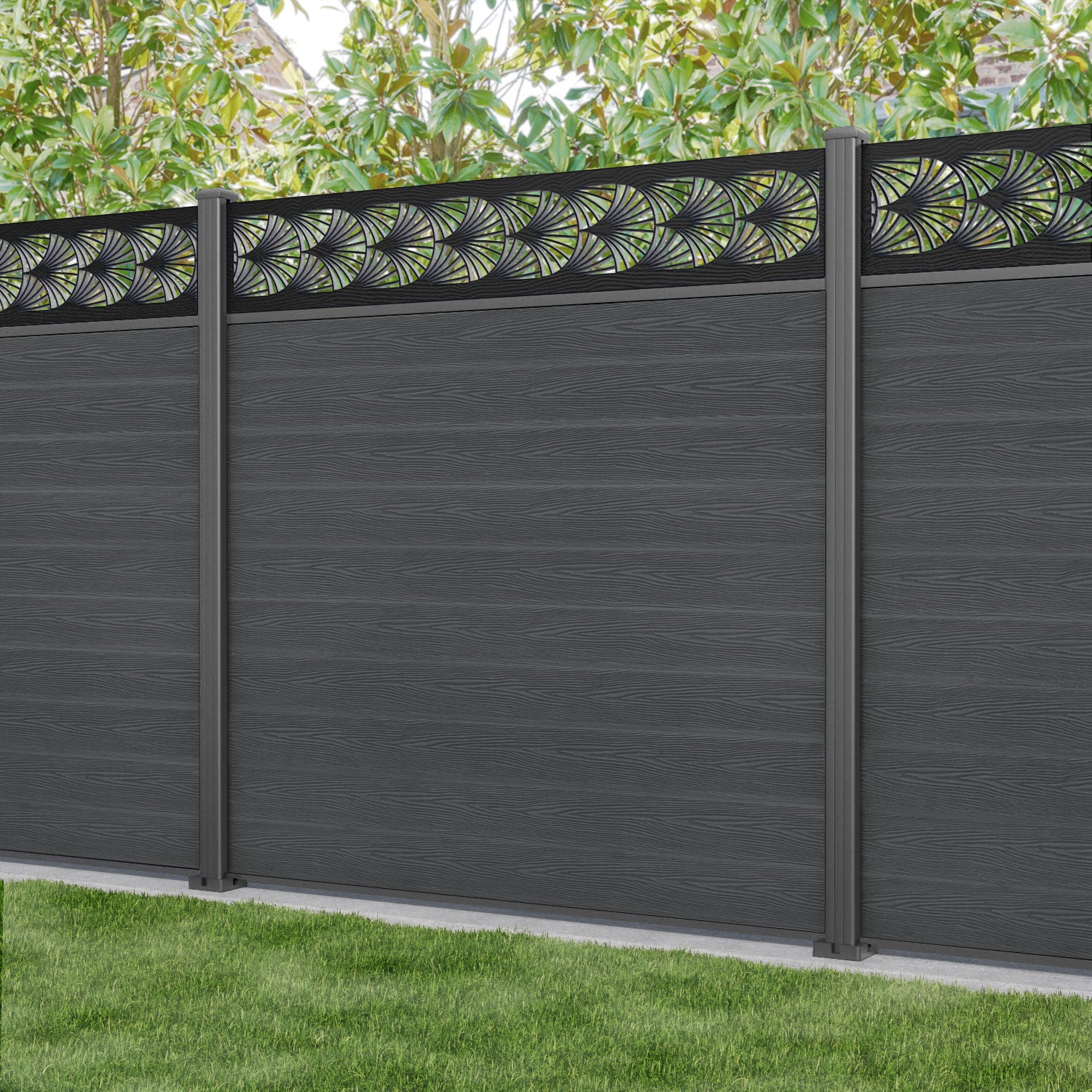 Classic Laurel Fence Panel - Dark Grey Aluminum Privacy Fence with Sturdy Posts for Backyard, Garden & Patio Security