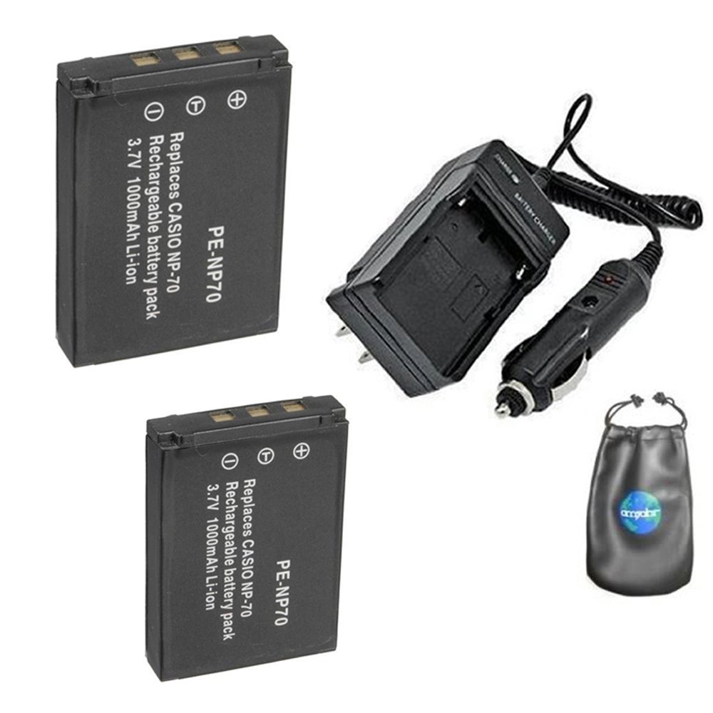 Casio NP70 Battery & Charger Kit - 2 Pack with Lens Pouch for Travel