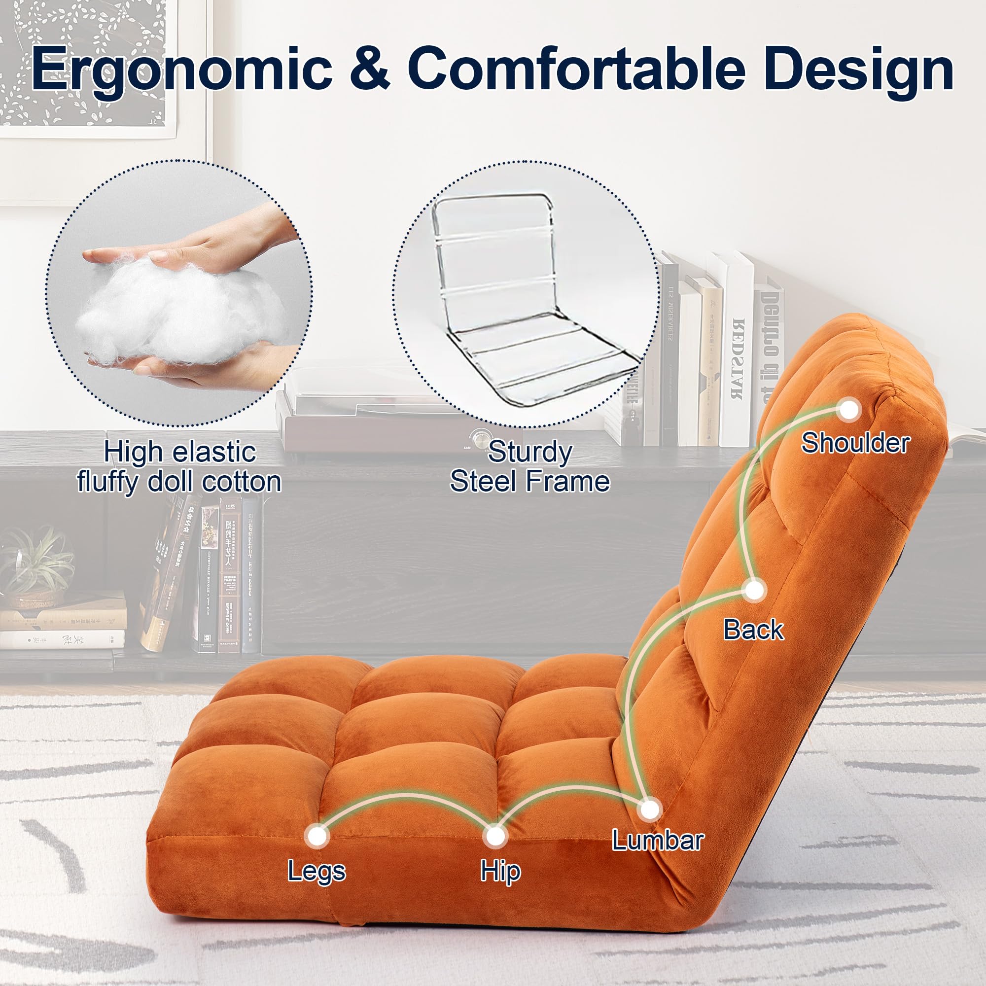 24-Inch Wide Oversized Velvet Floor Chair - 6 Adjustable Positions, Armless Lay Flat Meditation Seat with Ergonomic Padding for Ultimate Comfort (LRSF-007-ORANGE) - Perfect for Yoga, Reading, Gaming & Small Space Living