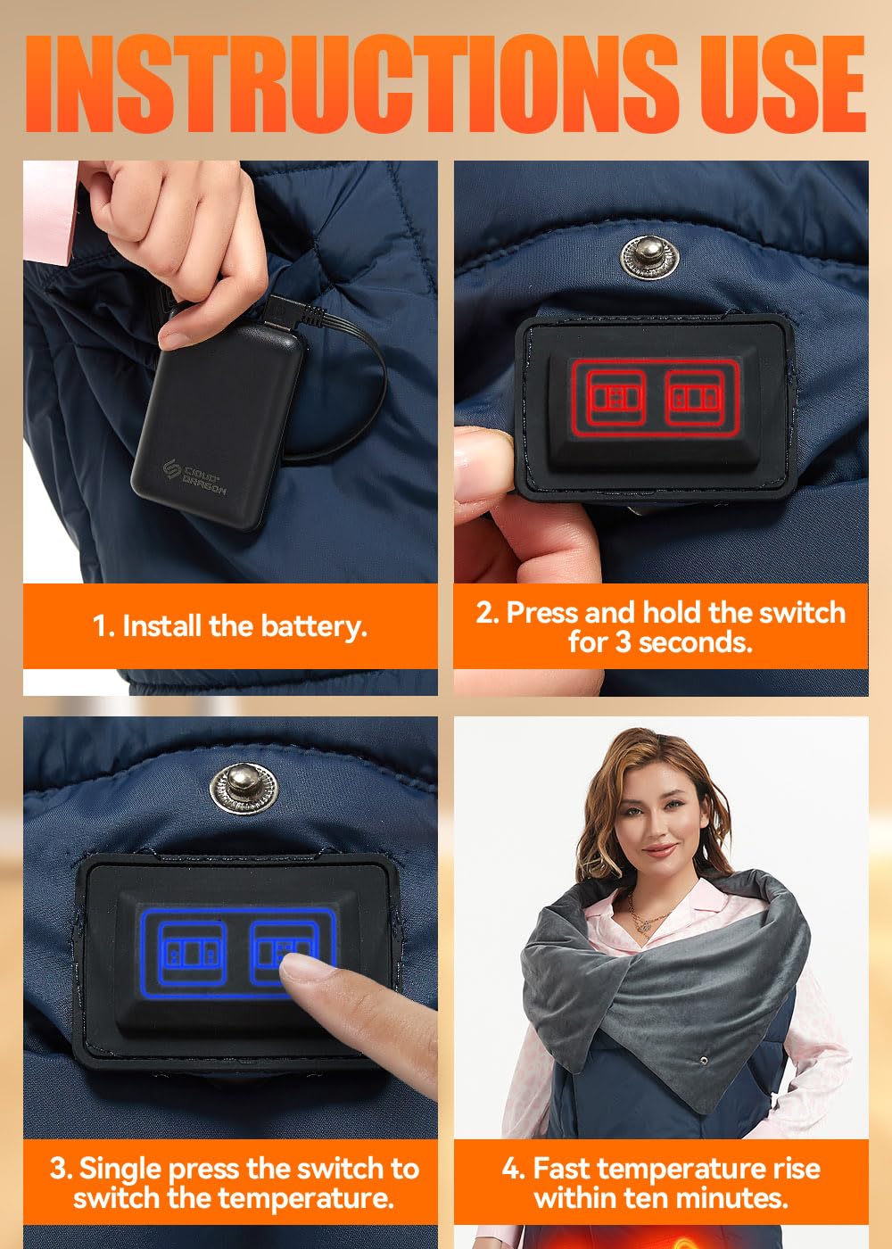 7.4V USB Electric Heated Blanket - Battery Powered Portable Wireless Shawl for Outdoor Camping, Travel & Home Use - Warm Cozy Heating Throw for Winter