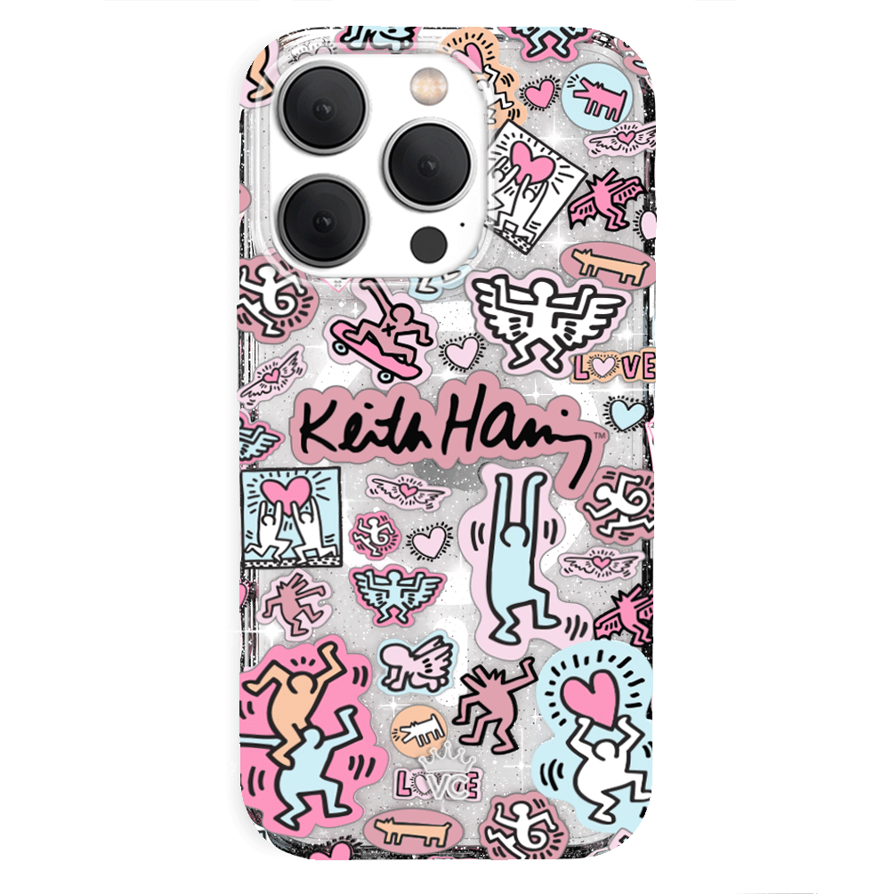 Keith Haring Pastel Glitter iPhone Case - Trendy Protective Cover for iPhone 11/12/13/14/15 Pro Max - Cute Artistic Design for Everyday Use & Gift Giving
