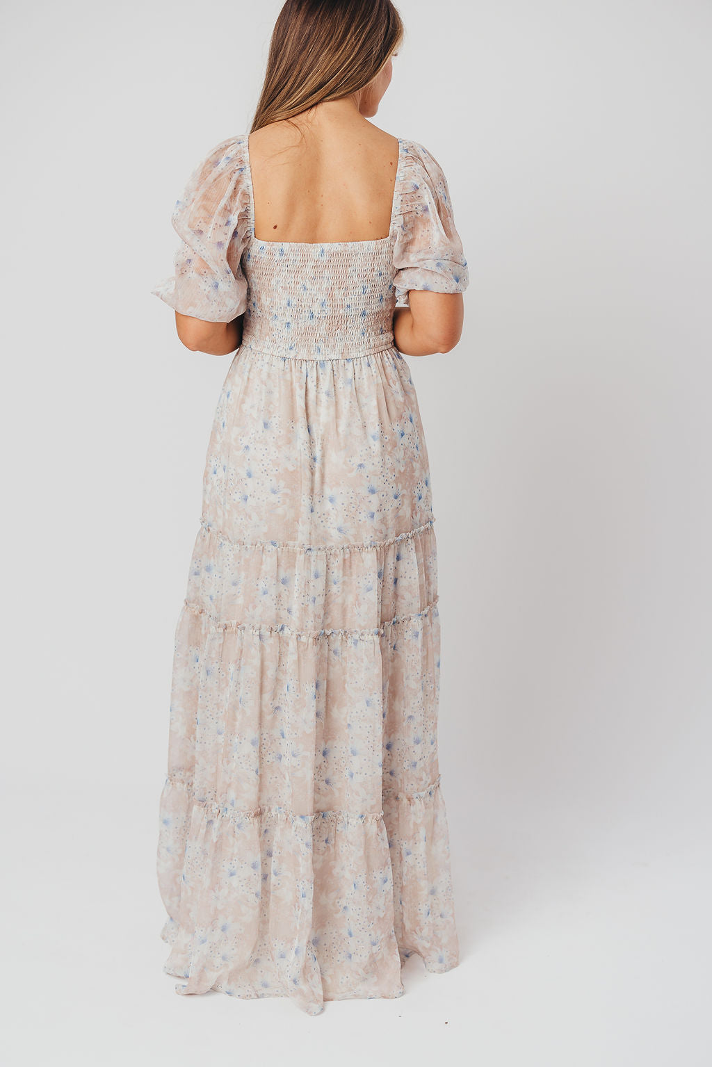 Bump Friendly Daphne Maxi Dress in Beige Blue Floral Print - Inclusive Sizing S-3XL | Maternity & Nursing Dress for Women, Perfect for Baby Showers, Beach Vacations & Summer Weddings
