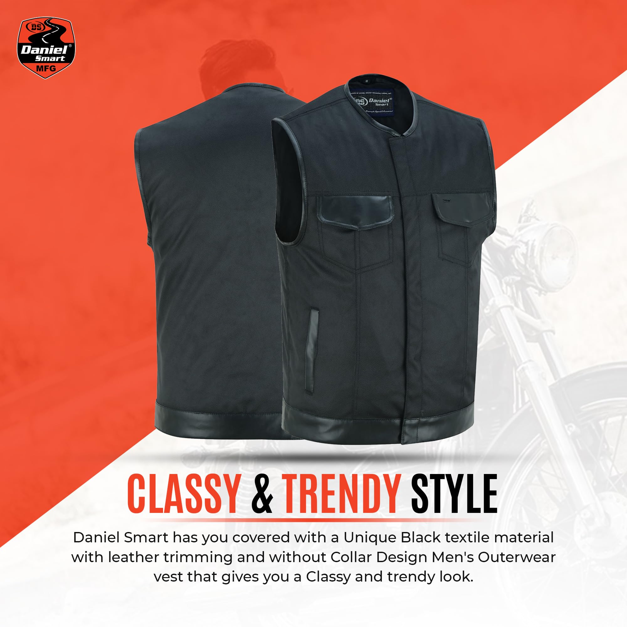 Daniel Smart Men’s Motorcycle Vest - Black Textile with Leather Trim, Concealed Armory Pocket | Stylish & Protective Riding Gear for Bikers & Outdoor Enthusiasts