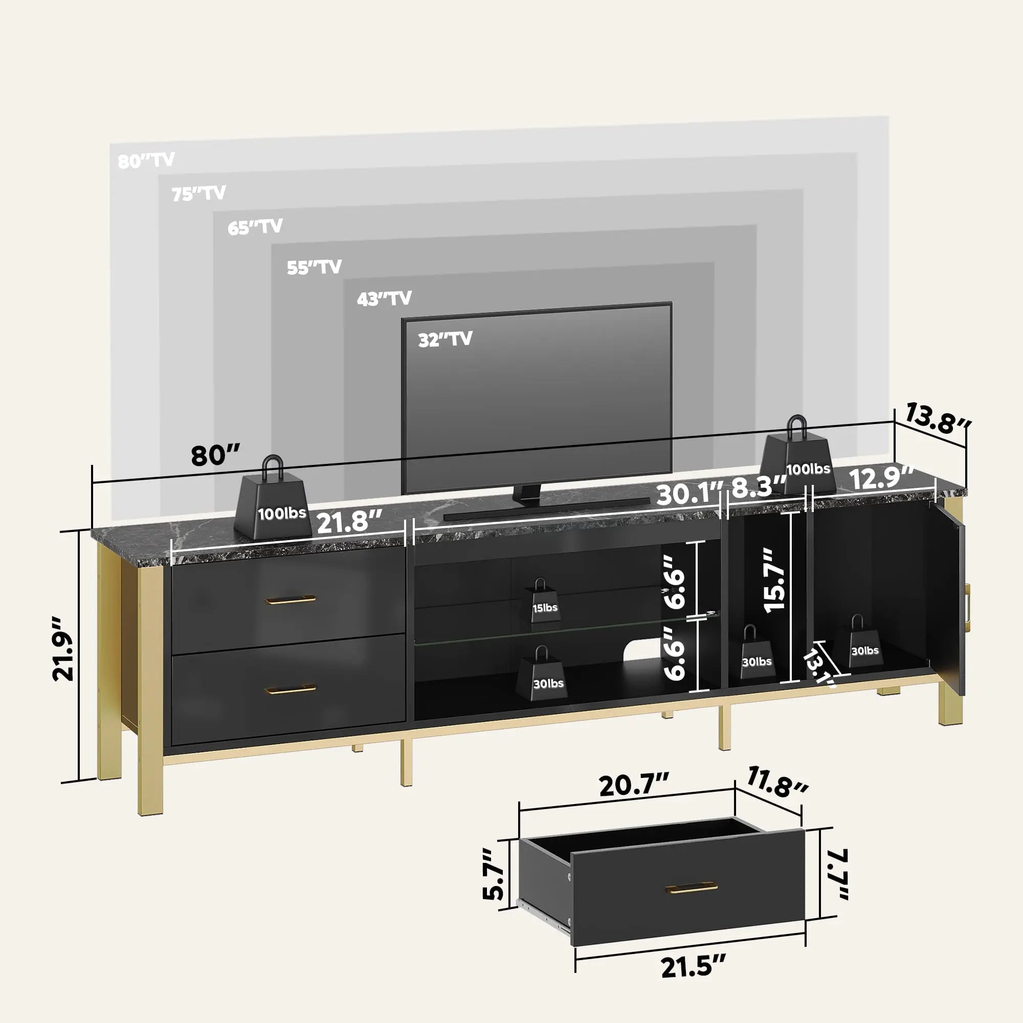 Bestier 80 Inch LED Gaming TV Stand with Tempered Glass Shelves - Sturdy Entertainment Center for Living Room, Bedroom & Game Room Setup