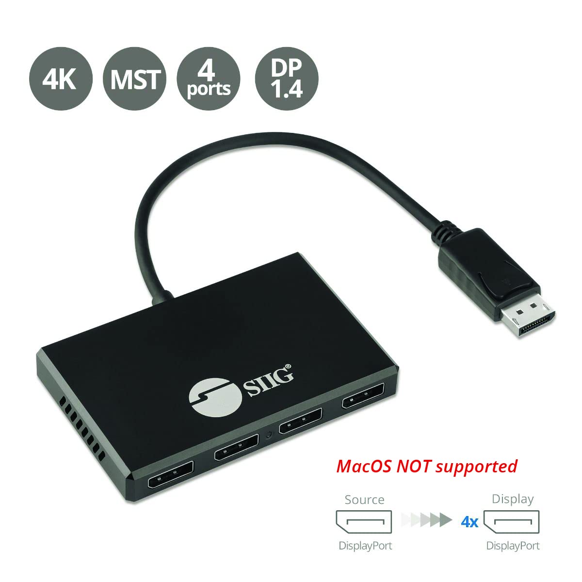 SIIG DisplayPort 1.4 MST Hub - 4K Video Splitter 1 Input 4 Output, Multi Stream Transport for Daisy Chain Monitors, PC Gaming & Office Workstations (Not Compatible with MacOS) - Model CE-DP0R11-S1 | Perfect for Multi-Monitor Setups, Home Office & Professional Workstations