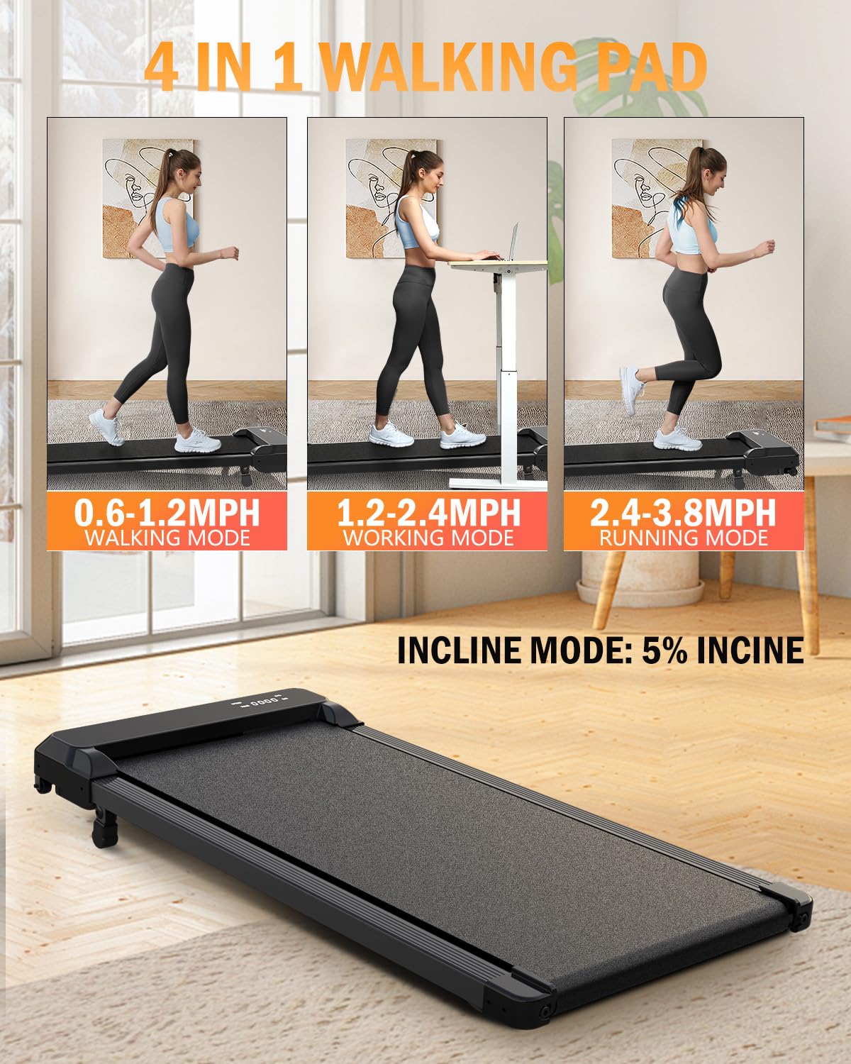 2-in-1 Under Desk Walking Pad Treadmill with Incline - Portable Walking & Jogging Machine for Home & Office Fitness - Perfect for Workouts While Working or Watching TV
