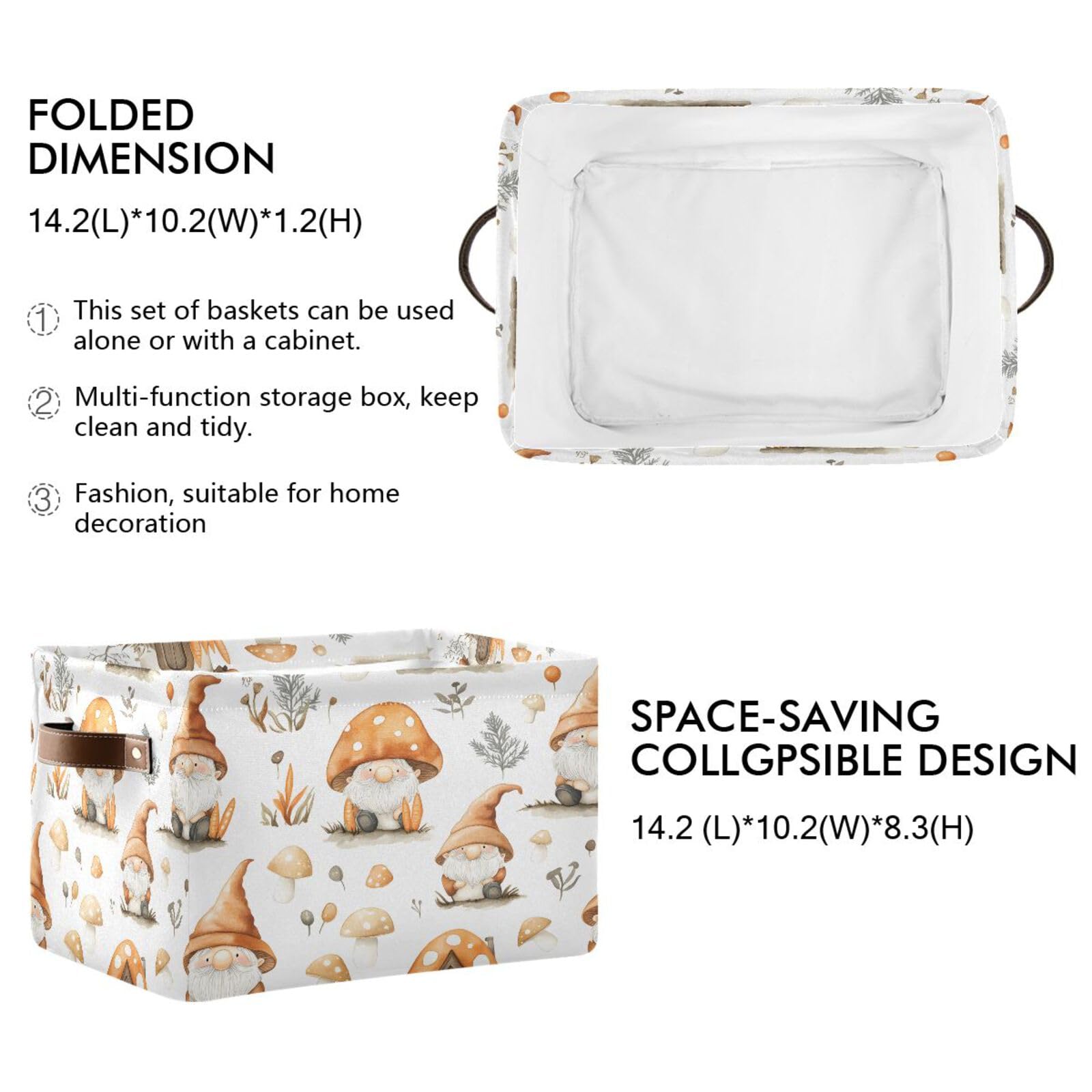 Qilmy Mushroom Gnome Storage Basket 2 Pack - Collapsible Canvas Rectangular Bin with Leather Handles for Closet, Office, Nursery & Home Organization | Perfect for Toy Storage, Blanket Baskets & Bedroom Decor