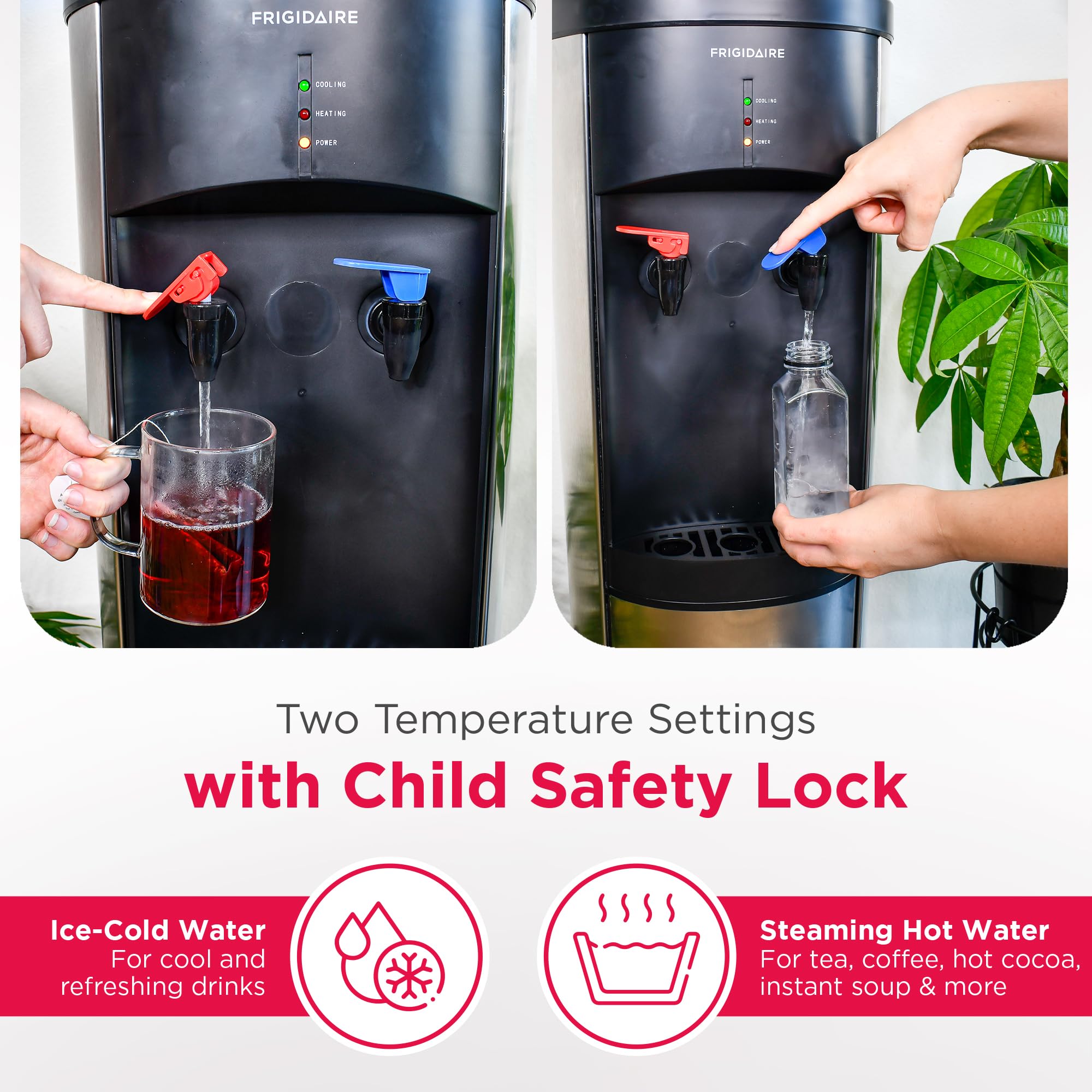 Frigidaire Top Load Water Cooler Dispenser - Hot & Cold Water for 3 & 5 Gallon Bottles, Stainless Steel - Perfect for Home, Office, Dorm, RV, Garage & Outdoor Use