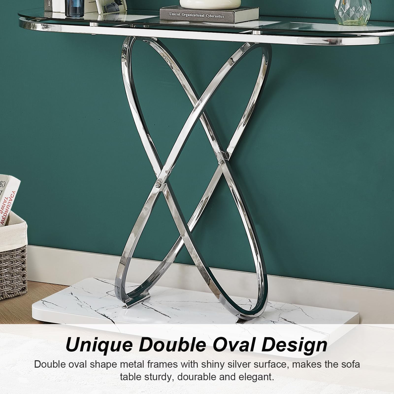 Modern Entryway Table with Oval Frames & Marble MDF Base - Tempered Glass Console Table for Living Room, Hallway, Bedroom - Silver & Clear Glass - Perfect for Small Spaces, Apartment Decor, and Home Entryway Organization