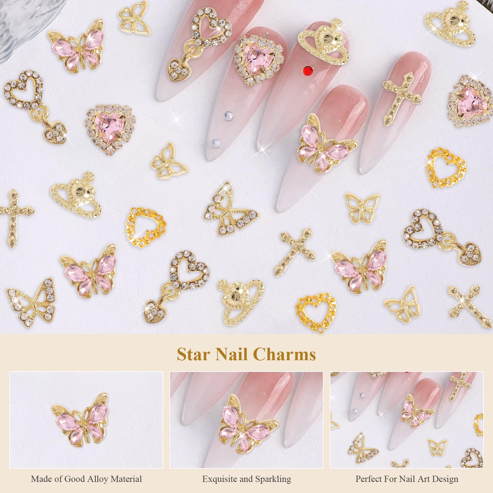 64Pcs 3D Gold Butterfly & Heart Nail Charms - Luxury Nail Art Decorations for Acrylic Nails, Manicure Designs - Perfect for Bridal, Party & Salon Nail Art Accessories