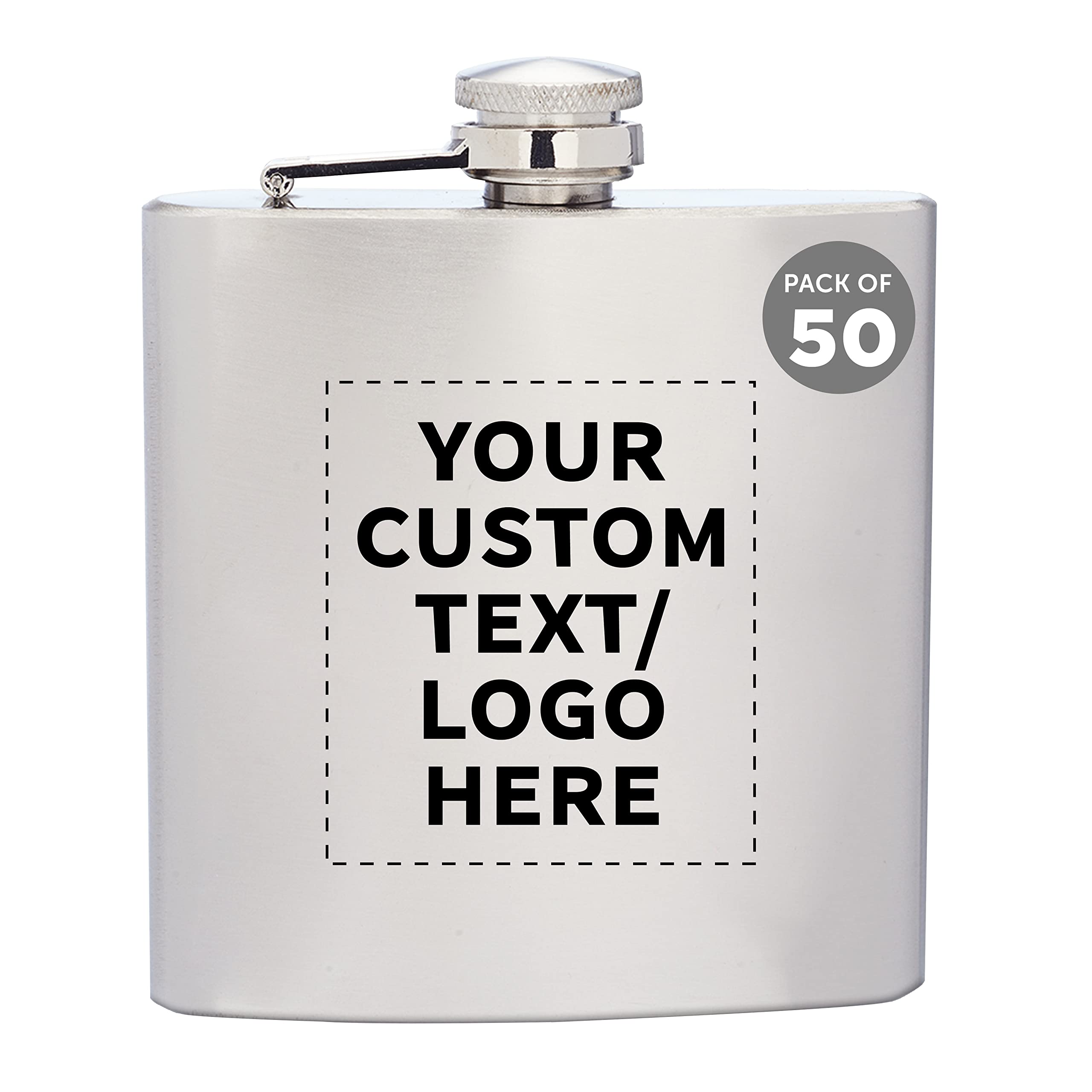 Personalized Stainless Steel Hip Flasks 6 oz (Set of 50) - Custom Engraved Wedding Party Gifts, Groomsmen Gifts & Outdoor Accessories - Screw Top Cap, Durable Silver Flasks for Camping, Hiking, Travel & Special Occasions