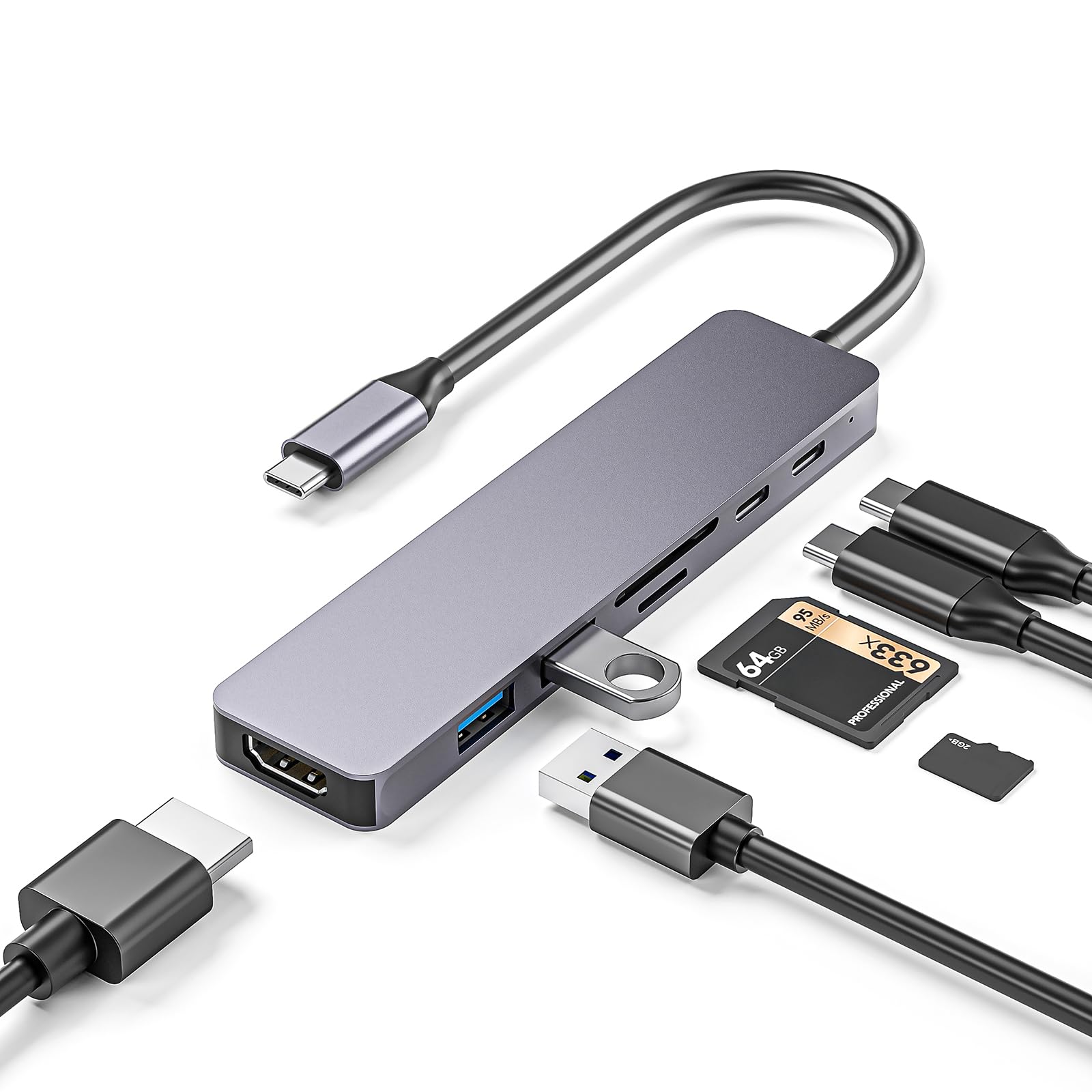 Paopaoldm 7-in-1 Aluminum USB C Hub with USB 3.0 Ports, SD/TF Card Reader, 100W PD Charging - Compact Multi-Port Adapter for MacBook Pro/Air, iPad Pro, Dell XPS - Perfect for Home Office, Travel & Gaming
