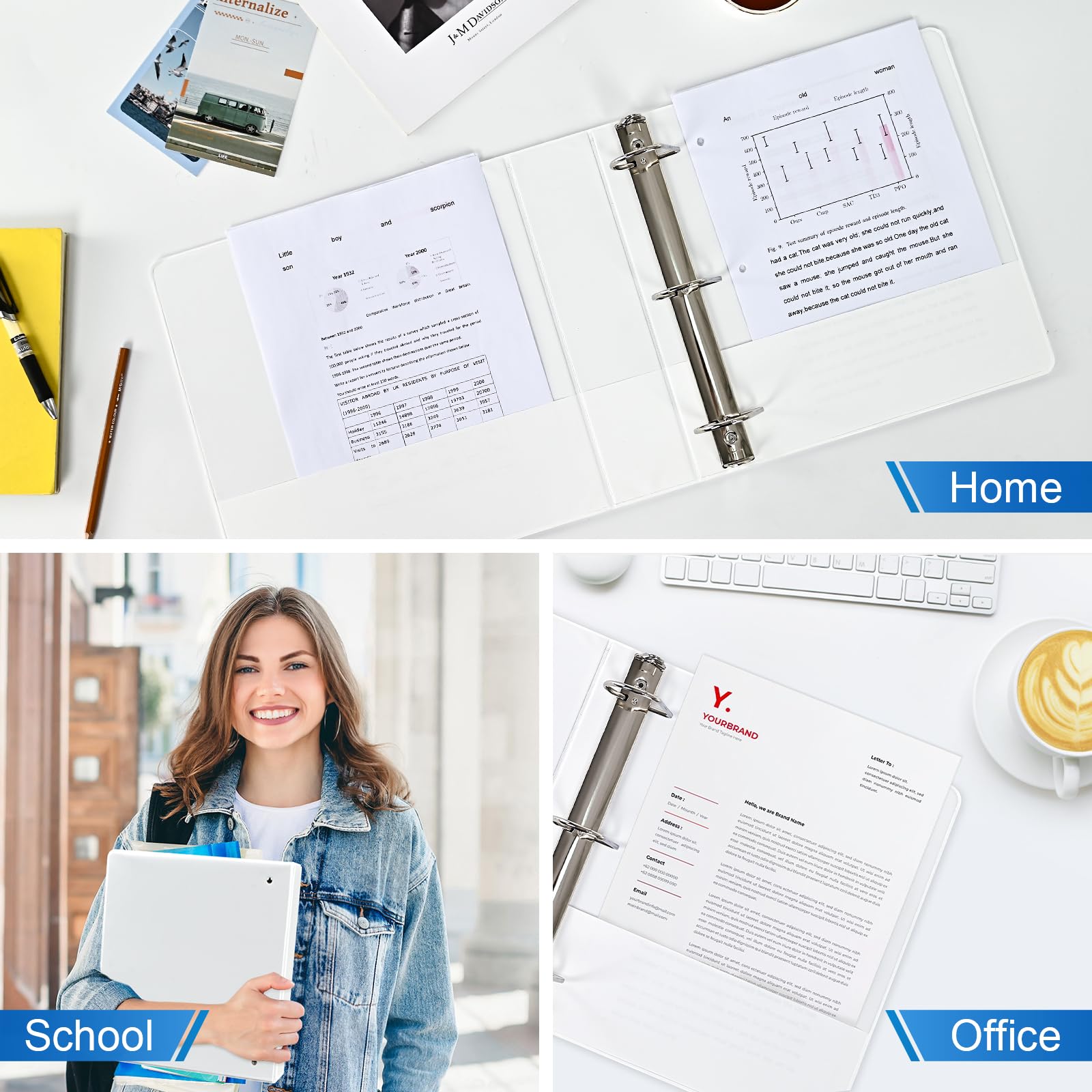 2 Inch 3 Ring Binders, 6-Pack Slant D Ring Binders with Non-Stick Cover - PVC-Free, Holds 475 Sheets of US Letter Paper - Perfect for Office, School, and Home Organization (White)