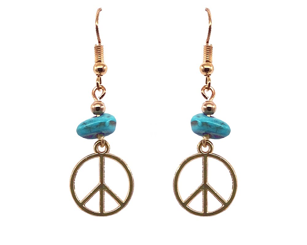 Gold Peace Sign Metal Charm Dangle Earrings for Women - Handmade Boho Jewelry with Chip Stone, Perfect for Festivals & Casual Outfits