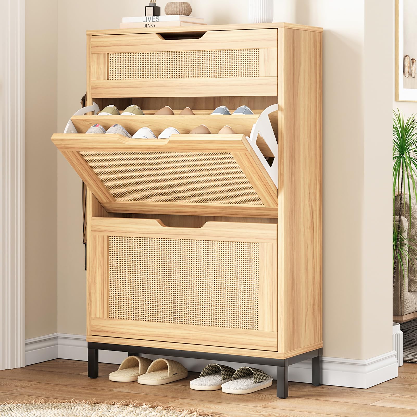 Boho Rattan Shoe Storage Cabinet with 2 Flip Drawers - Narrow Free Standing Wooden Shoe Organizer for Entryway, Hallway & Foyer - Perfect for Small Spaces & Hidden Shoe Storage (Natural Wood)