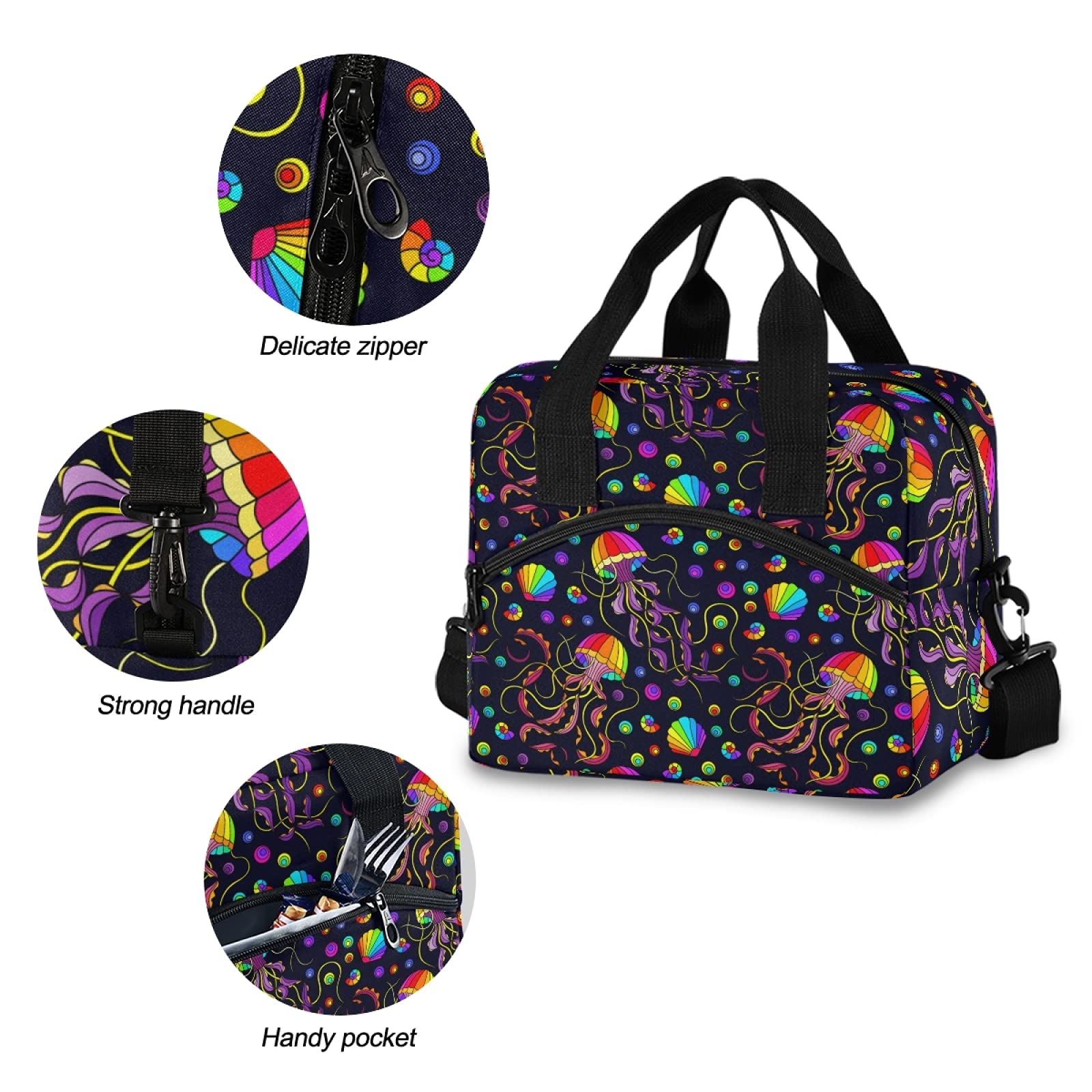 SUABO Insulated Lunch Cooler Bag for School, Work & Picnics - Rainbow Octopus & Jellyfish Design Tote Lunch Bag for Women & Men - Perfect for Office, Beach & Outdoor Activities