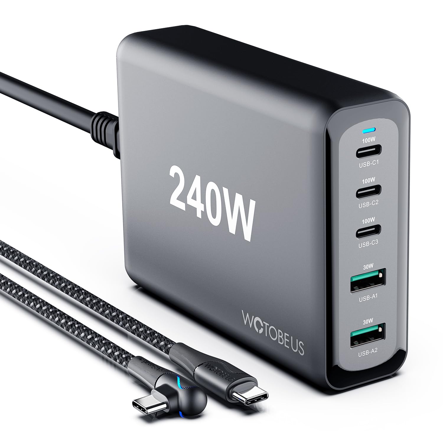 WOTOBEUS 240W 5-Ports USB C GaN Charger | PD 100W PPS45W Fast Charging Station with 5A Cable & AC Adapter for iPhone 16/15/14, iPad, MacBook Pro/Air, Galaxy S25/S24/S23 Ultra, Pixel, Type-C Laptops - Perfect for Home, Office & Travel Charging Needs