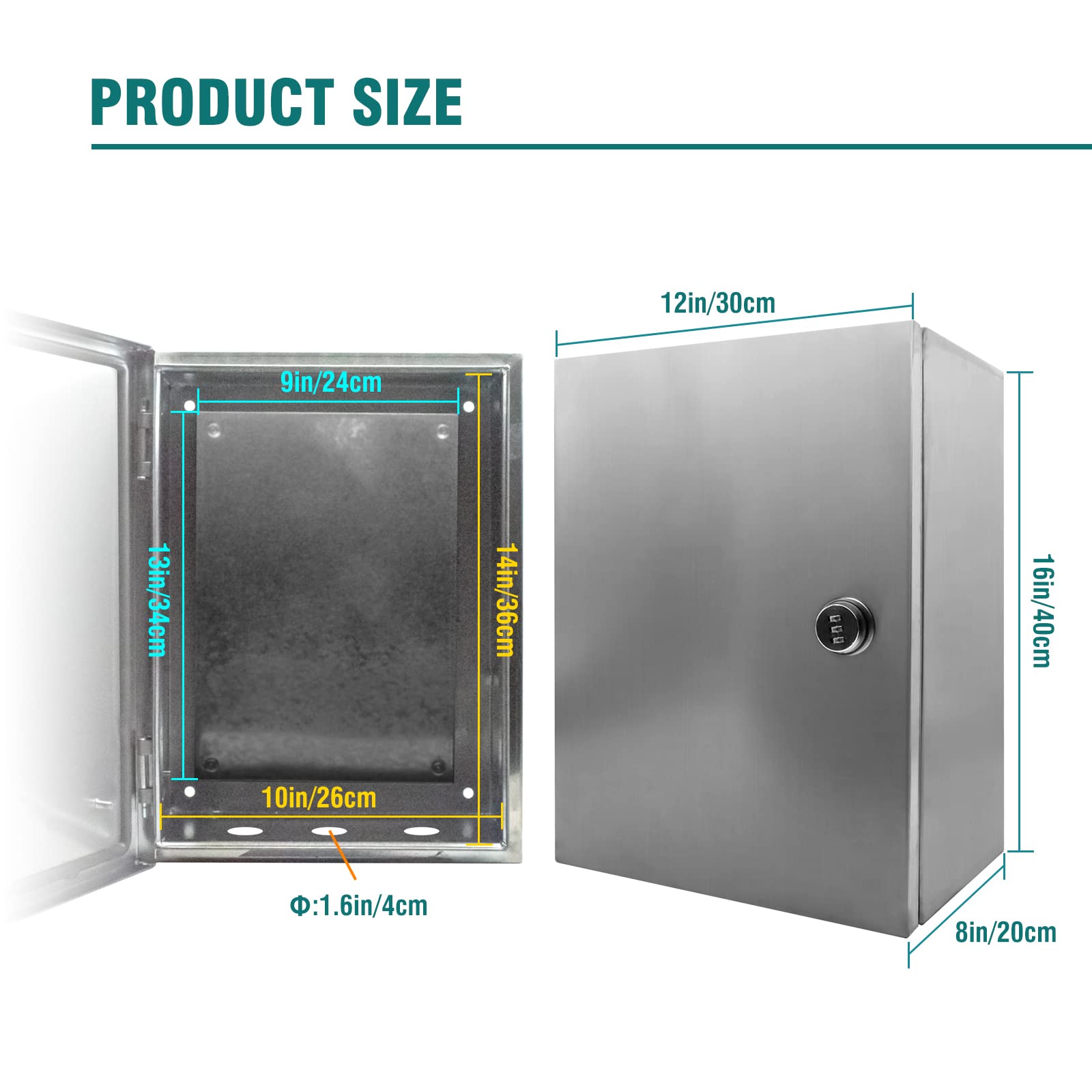304 Stainless Steel Electrical Enclosure Box 20x16x8 Inch, NEMA4X IP66 Waterproof Outdoor Electrical Junction Box with Lock & Mounting Plate - Ideal for Industrial Equipment, Solar Panel Systems & Outdoor Electrical Installations