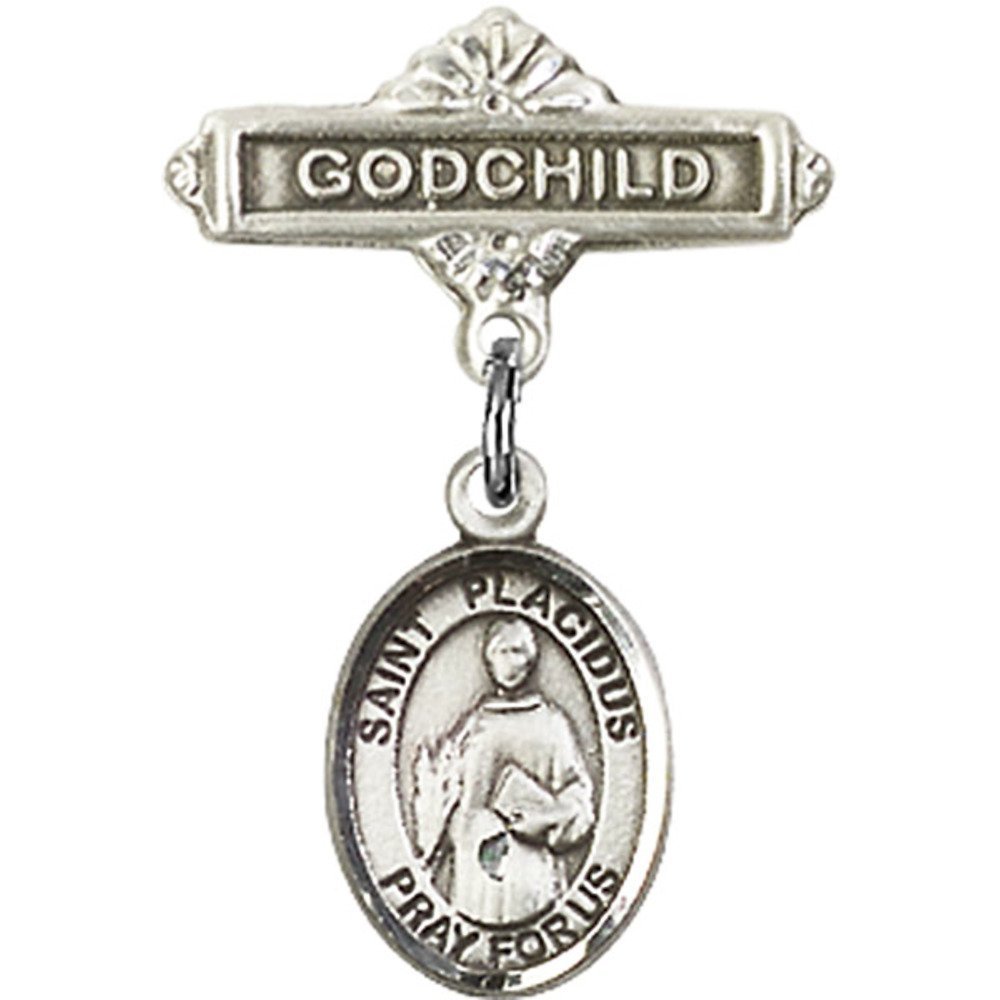 1 X 5/8 Inch Sterling Silver Baby Badge with St. Placidus Charm & Godchild Pin - Perfect for Christenings, Baptisms & Religious Gifts