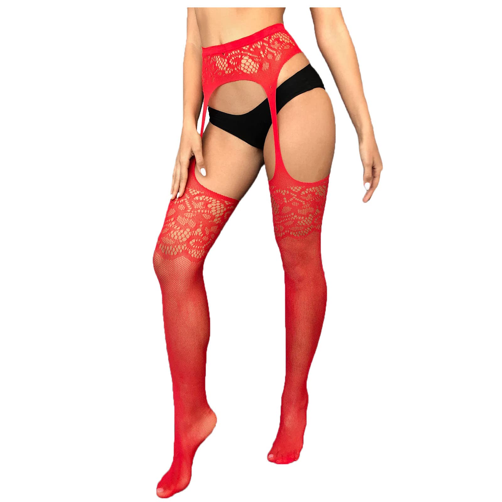 AMhomely Women's Sexy Rhinestone Stockings - See-Through Fishnet Tights with Hollow Floral Design & Lace Trim - Suspender Pantyhose & Thigh High Stockings for Party, Cosplay, Valentine's Day & Night Out