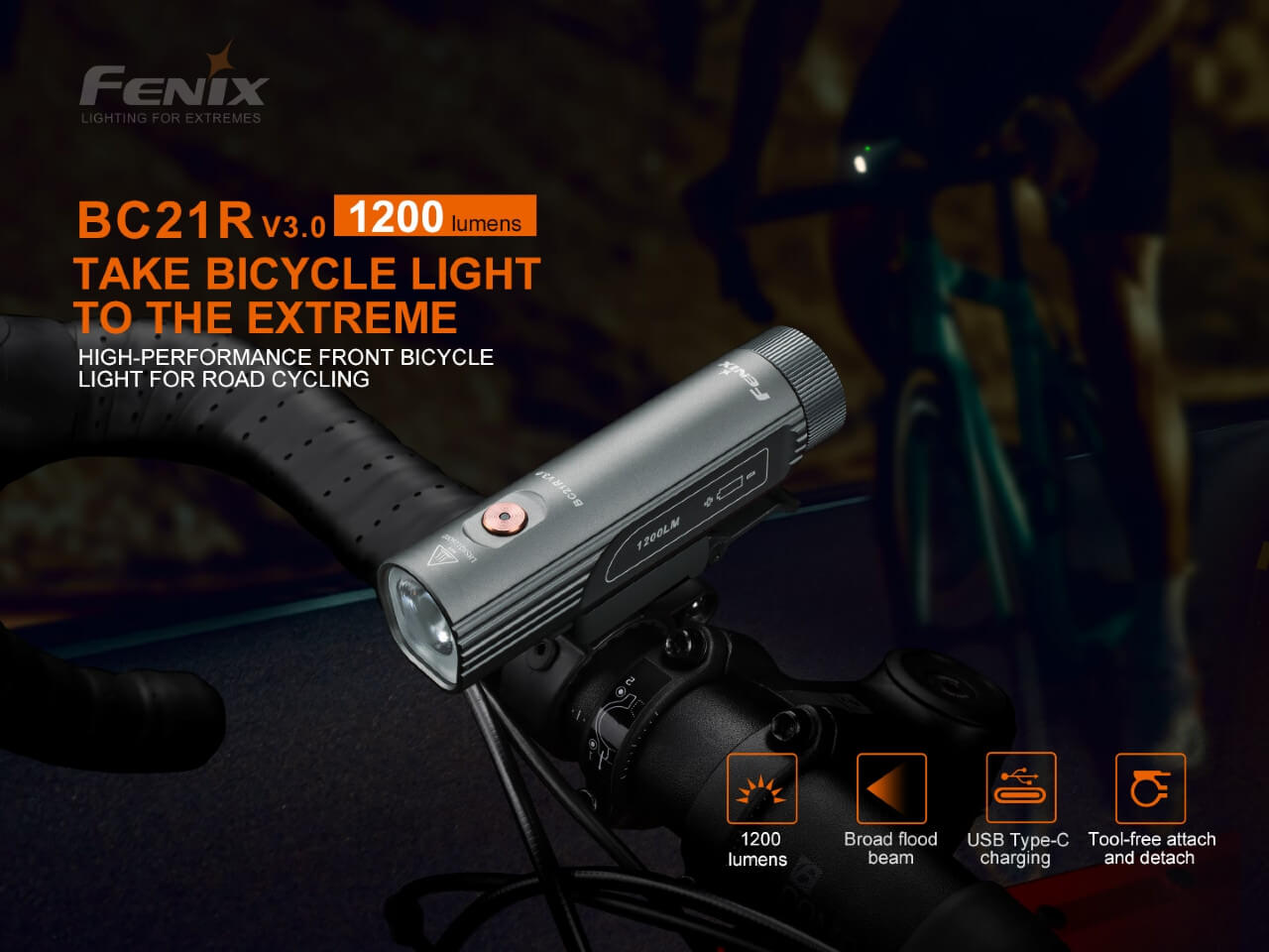 Fenix BC21R V3.0 Rechargeable LED Bike Light - 1200 Lumens, Waterproof Cycling Headlight for Night Riding, Commuting & Mountain Biking