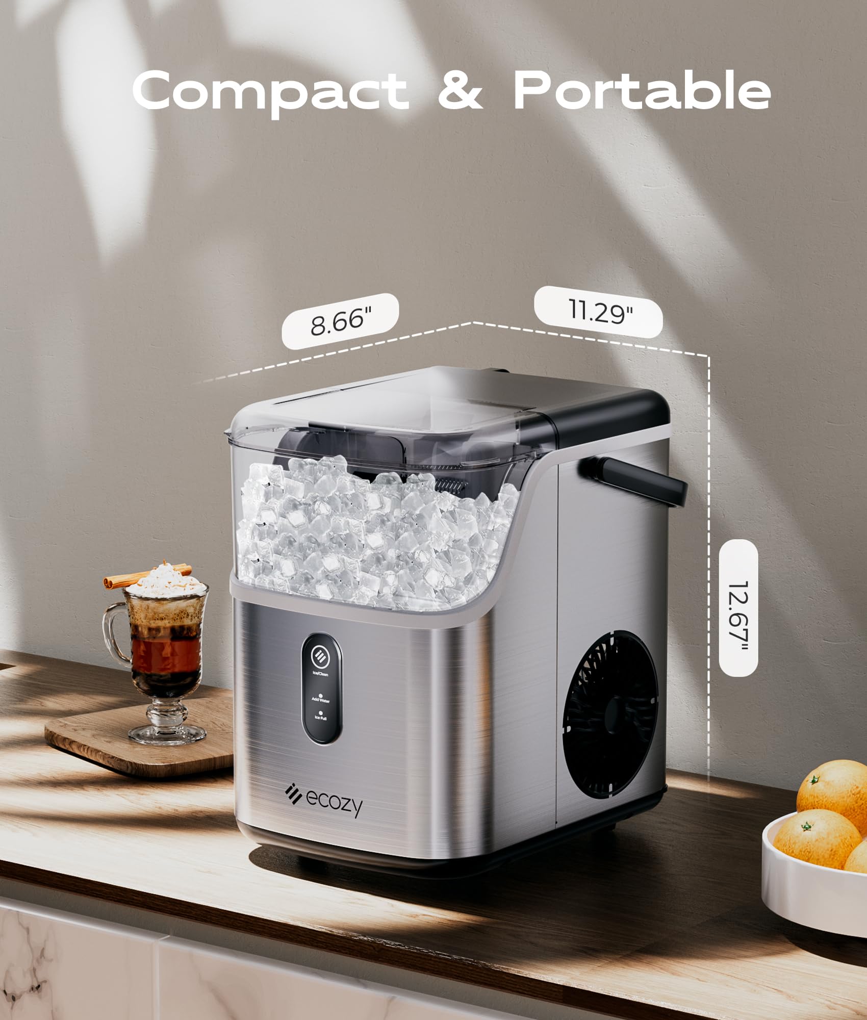 Ecozy Nugget Ice Maker Countertop - 33 lbs/24H Crushed Pellet Ice Machine with One-Click Operation & Self-Cleaning - Stainless Steel Ice Maker for Home, Kitchen, Bar, Office, Party & Outdoor Gatherings