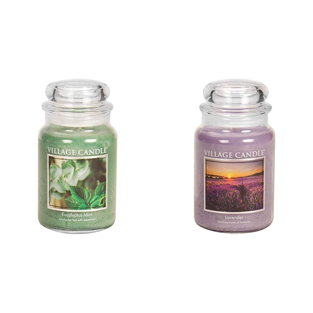 Village Candle Eucalyptus Mint & Lavender Scented Candle Set - Large 21.25oz Glass Apothecary Jar - Aromatherapy Candles for Relaxation, Spa & Home Decor