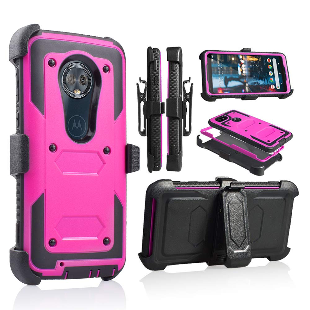 Shockproof Armor Belt Holster Case for Motorola Moto G6 - 360° Protection with Built-in Kickstand & Screen Protector | Perfect for Outdoor Activities, Work & Daily Use (Purple)