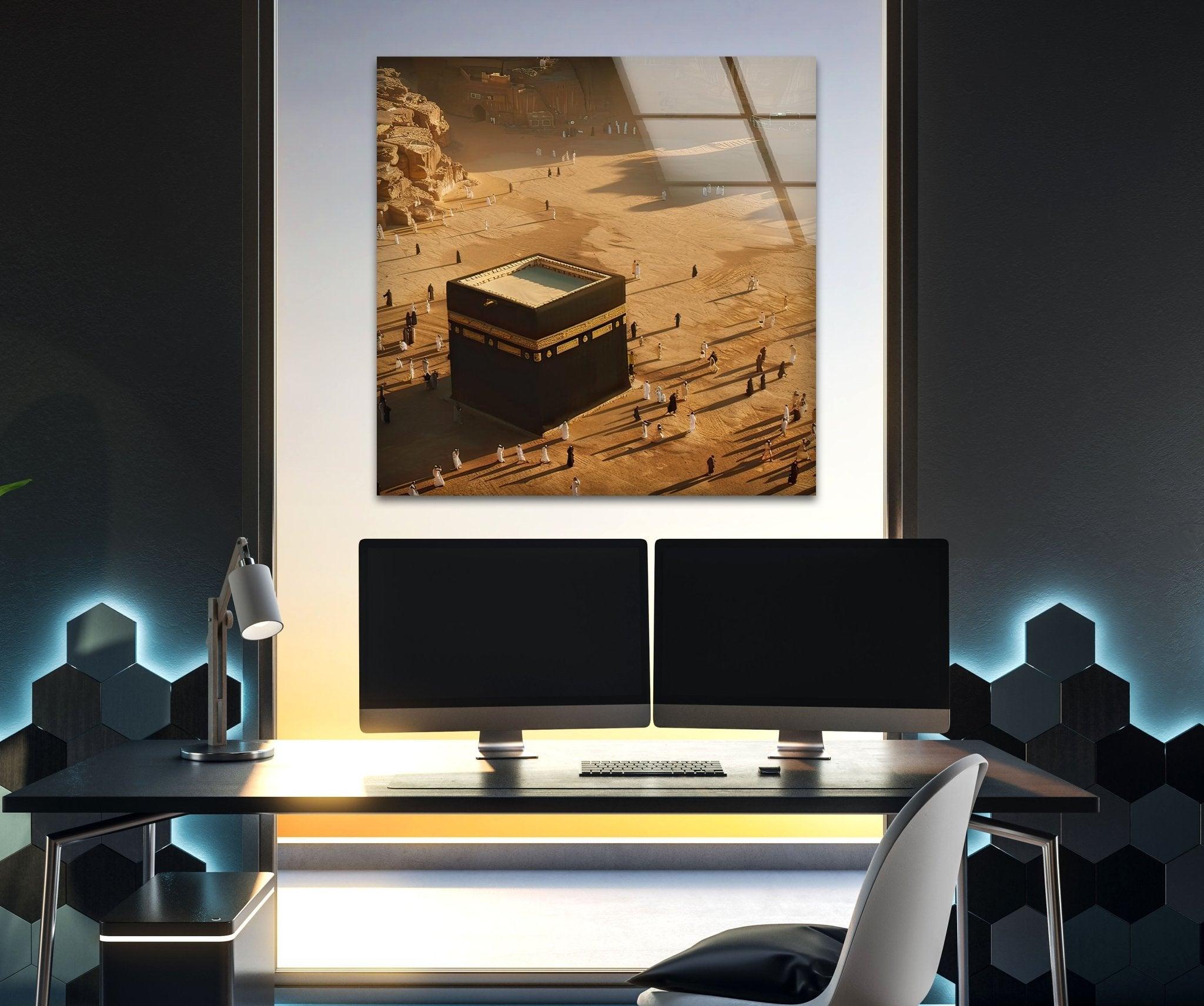Stunning Aerial View Kaaba Glass Wall Art - Islamic Home Decor for Living Room, Mosque & Office - Perfect Muslim Gift for Eid & Ramadan