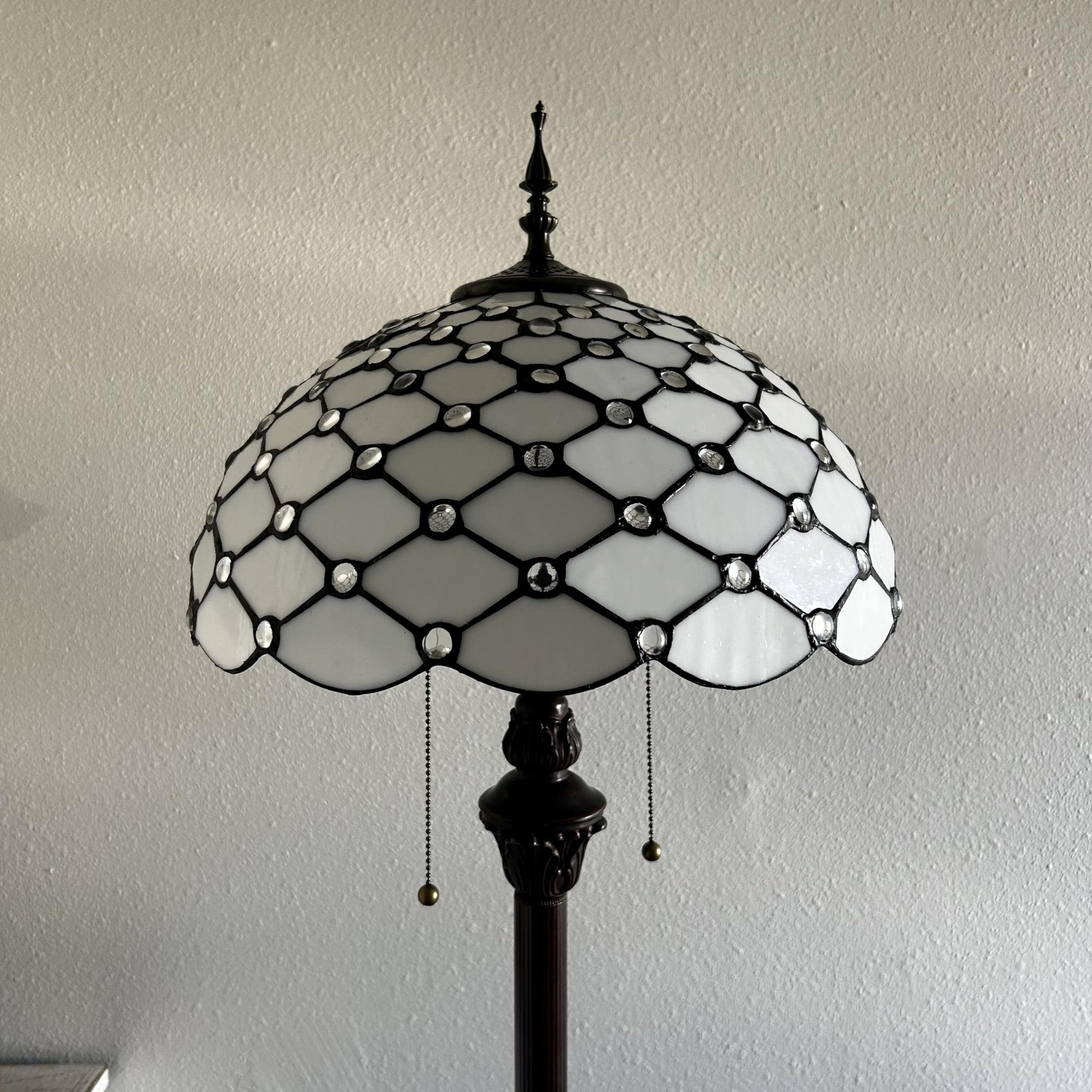 Tiffany Crystal Floor Lamp with White Stained Glass Shade and Metal Base - 16
