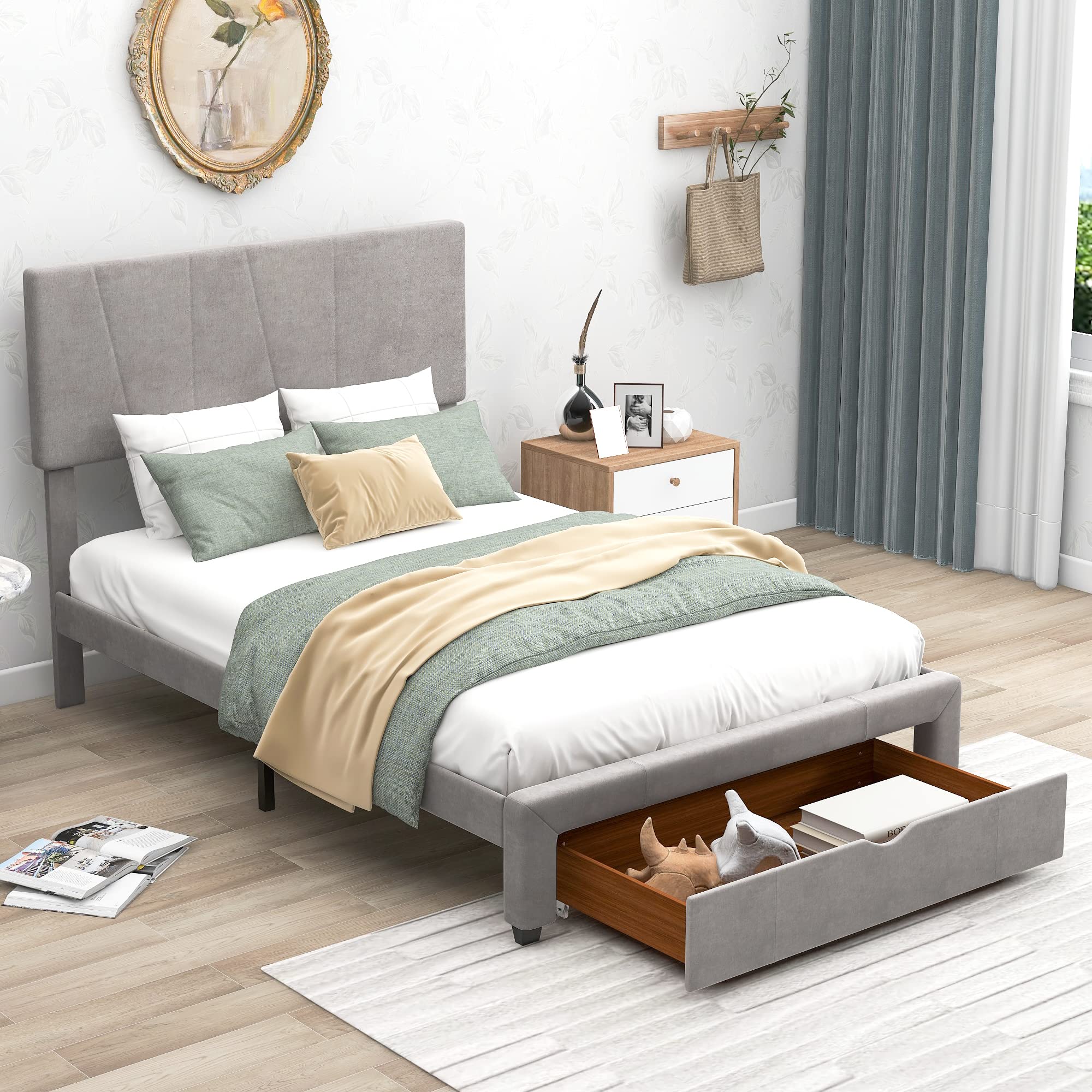 SOFTSEA Full Size Upholstered Platform Bed Frame with Adjustable Headboard & Storage Drawer - Tufted Modern Bedroom Furniture for Small Spaces & Guest Rooms